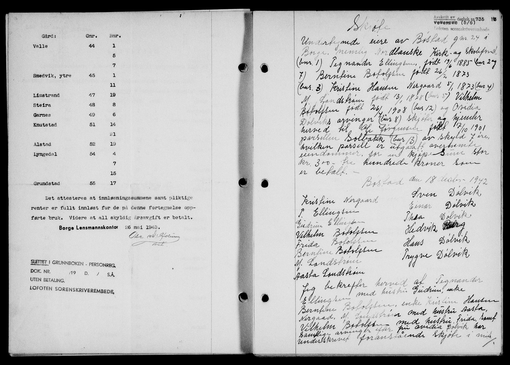 Lofoten sorenskriveri, SAT/A-0017/1/2/2C/L0011a: Mortgage book no. 11a, 1943-1943, Diary no: : 735/1943