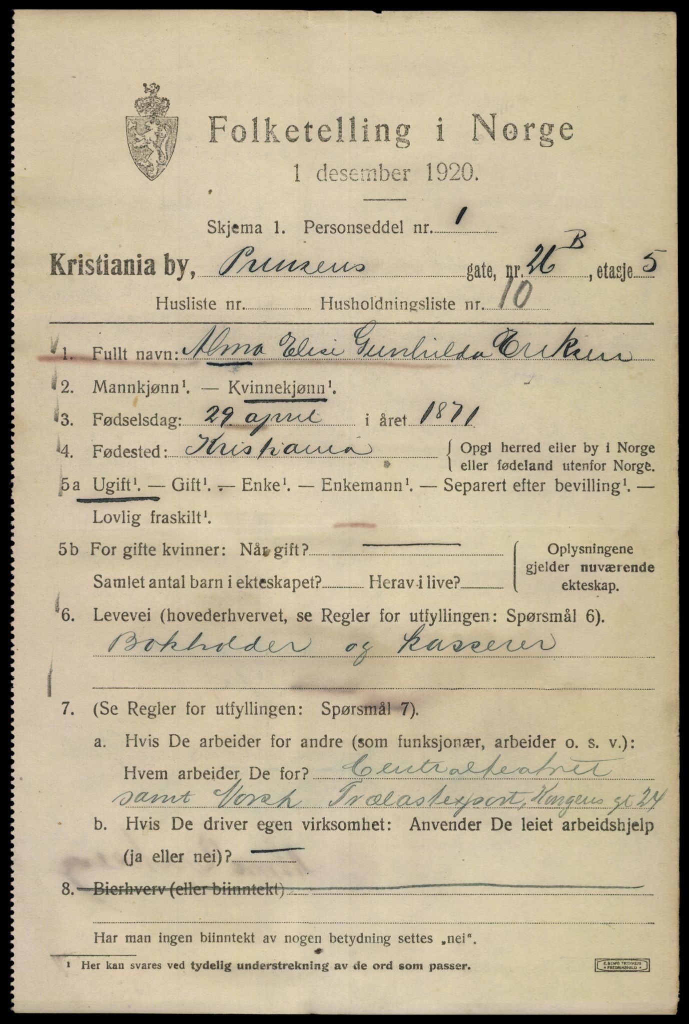 SAO, 1920 census for Kristiania, 1920, p. 458729