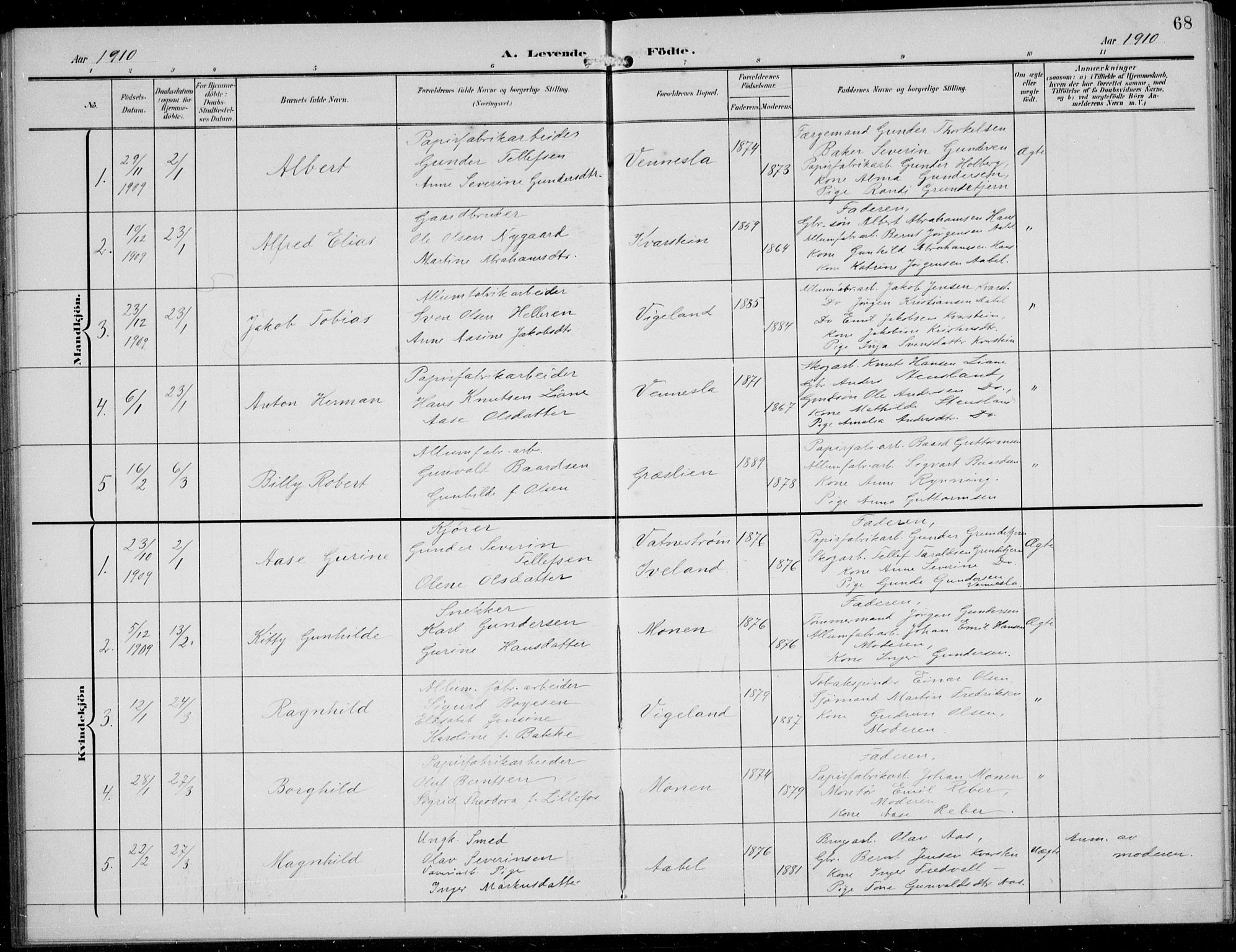 Vennesla sokneprestkontor, SAK/1111-0045/Fb/Fbb/L0005: Parish register (copy) no. B 5, 1903-1913, p. 68