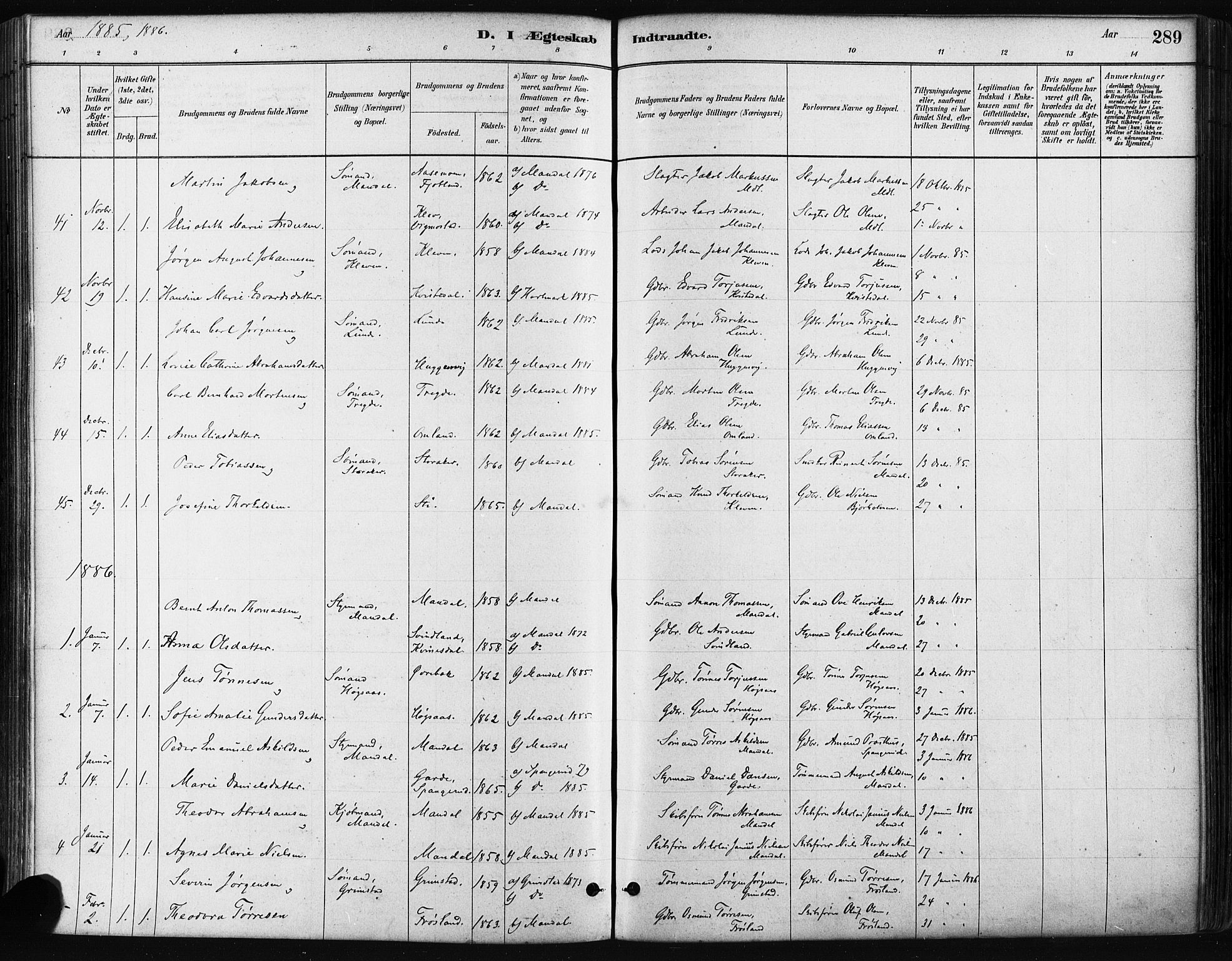 Mandal sokneprestkontor, SAK/1111-0030/F/Fa/Faa/L0016: Parish register (official) no. A 16, 1880-1890, p. 289