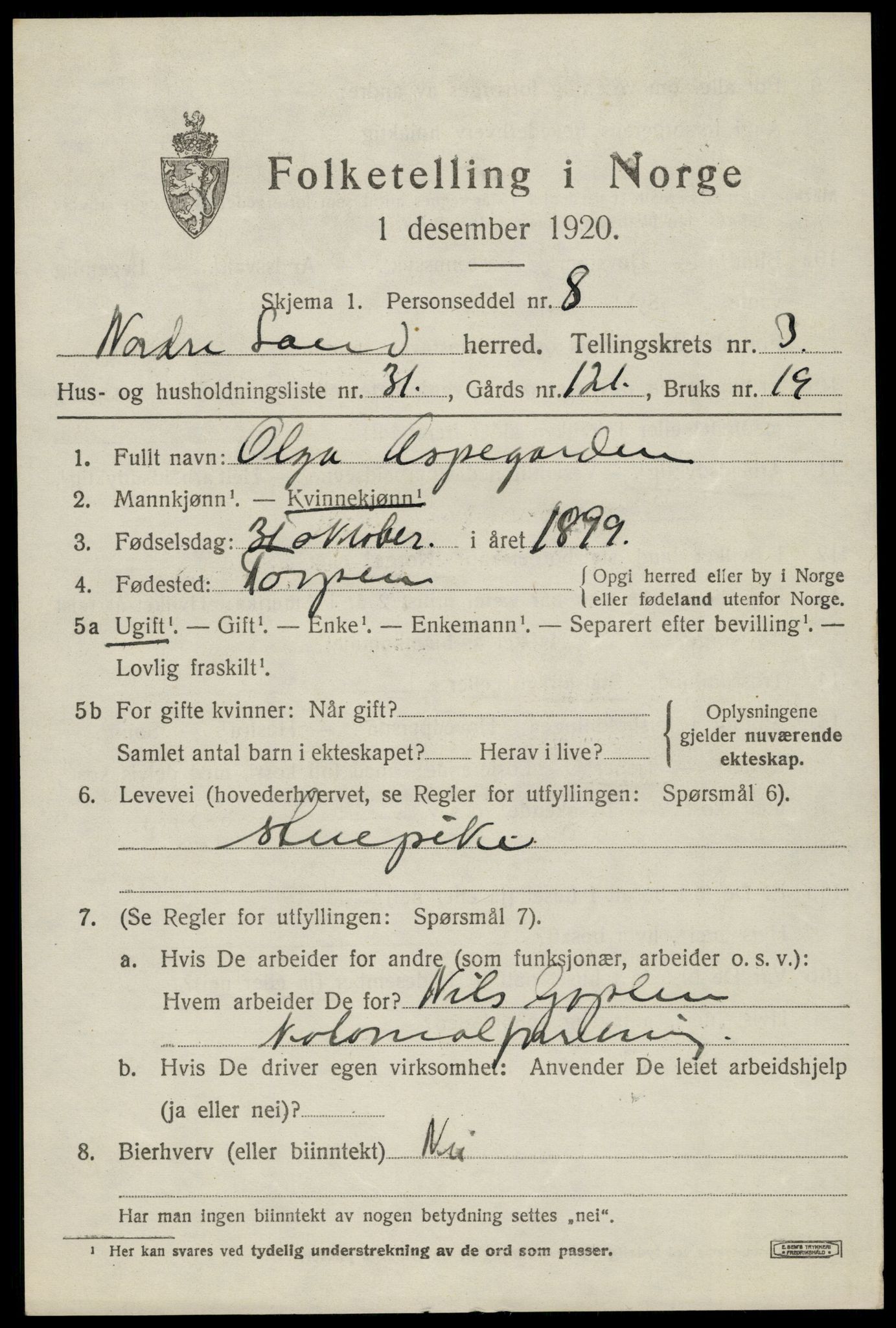 SAH, 1920 census for Nordre Land, 1920, p. 2638