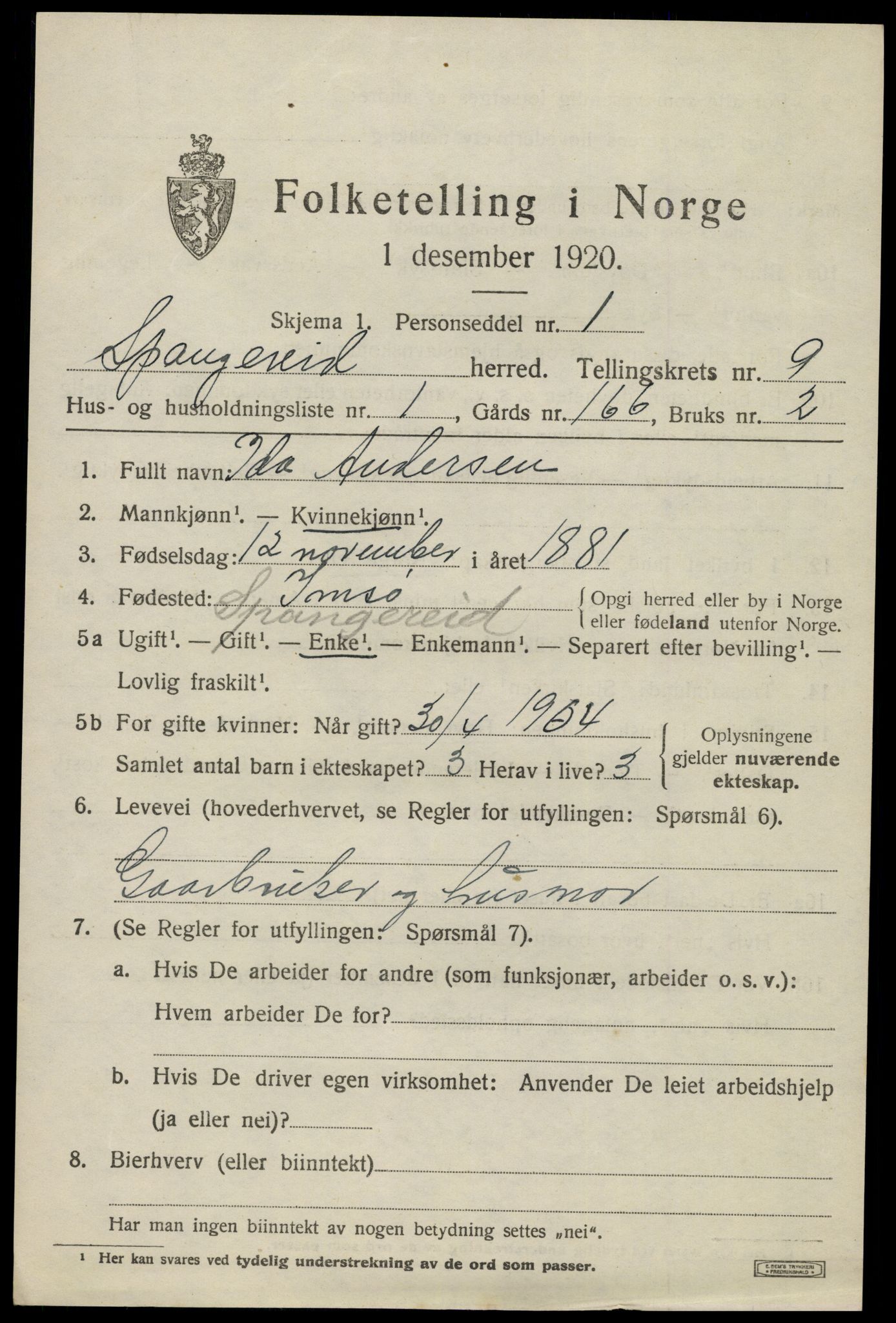 SAK, 1920 census for Spangereid, 1920, p. 3175