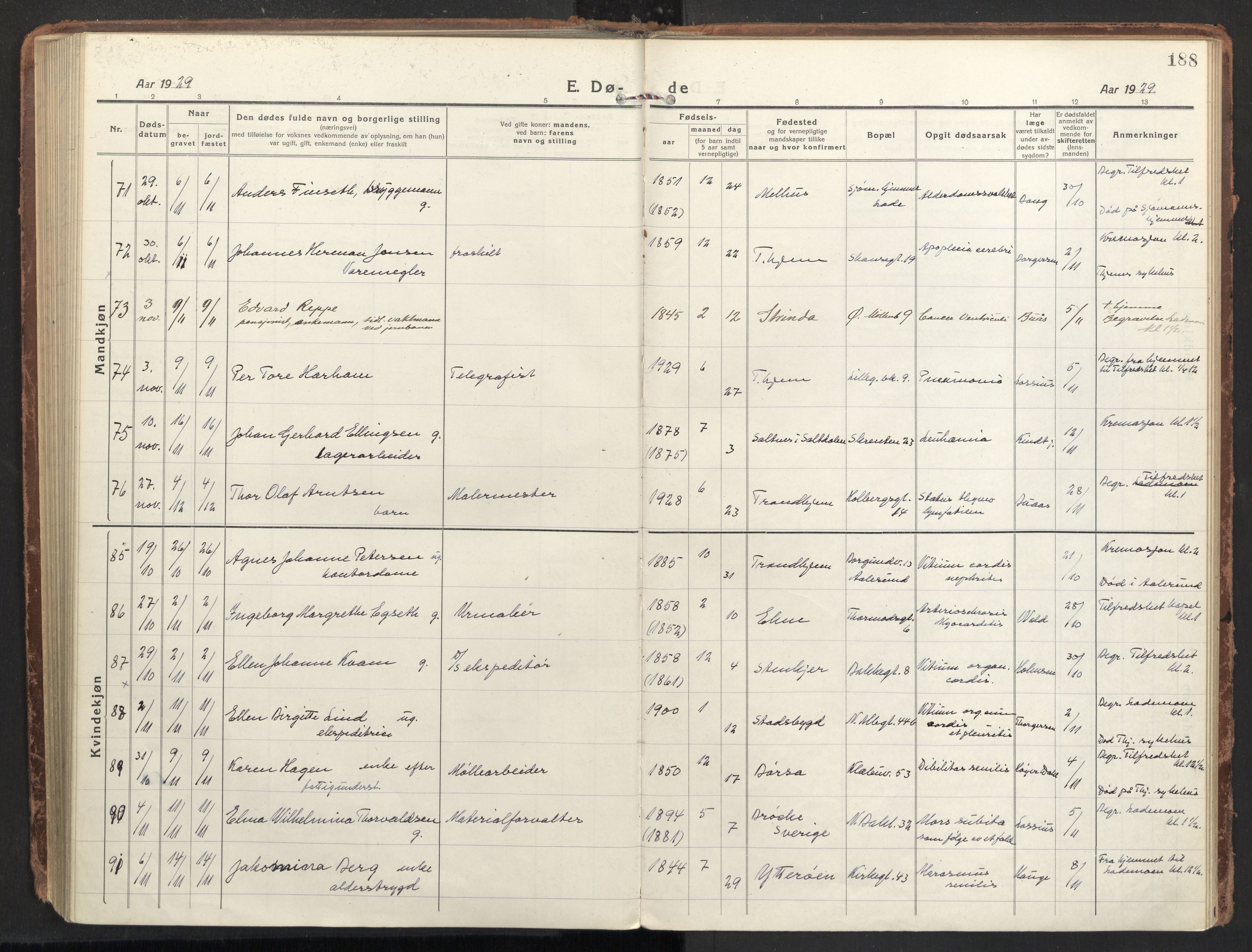 Ministerialprotokoller, klokkerbøker og fødselsregistre - Sør-Trøndelag, SAT/A-1456/604/L0207: Parish register (official) no. 604A27, 1917-1933, p. 188