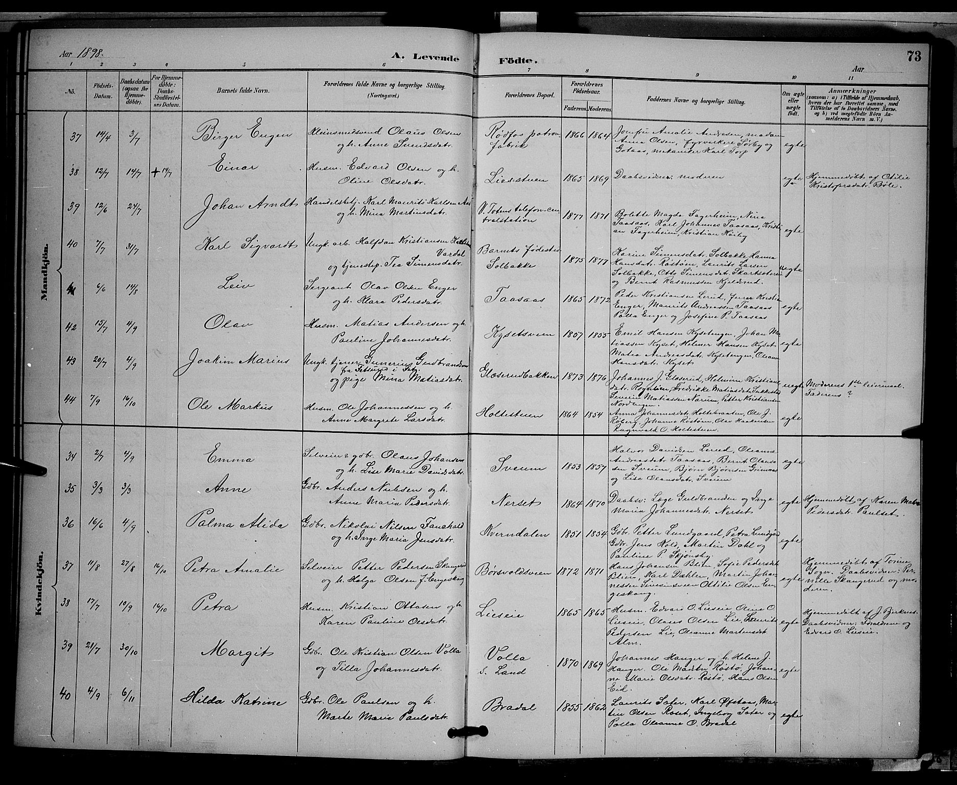 Vestre Toten prestekontor, AV/SAH-PREST-108/H/Ha/Hab/L0009: Parish register (copy) no. 9, 1888-1900, p. 73