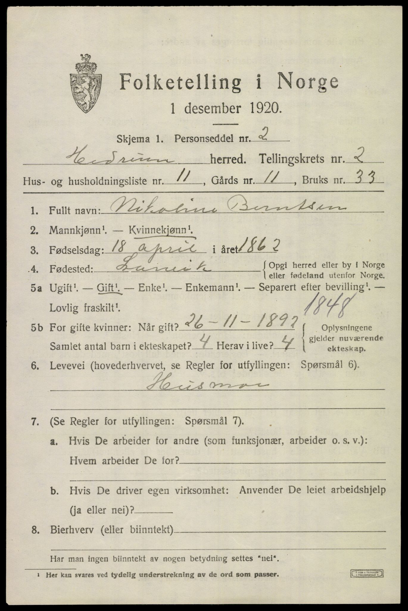 SAKO, 1920 census for Hedrum, 1920, p. 2533