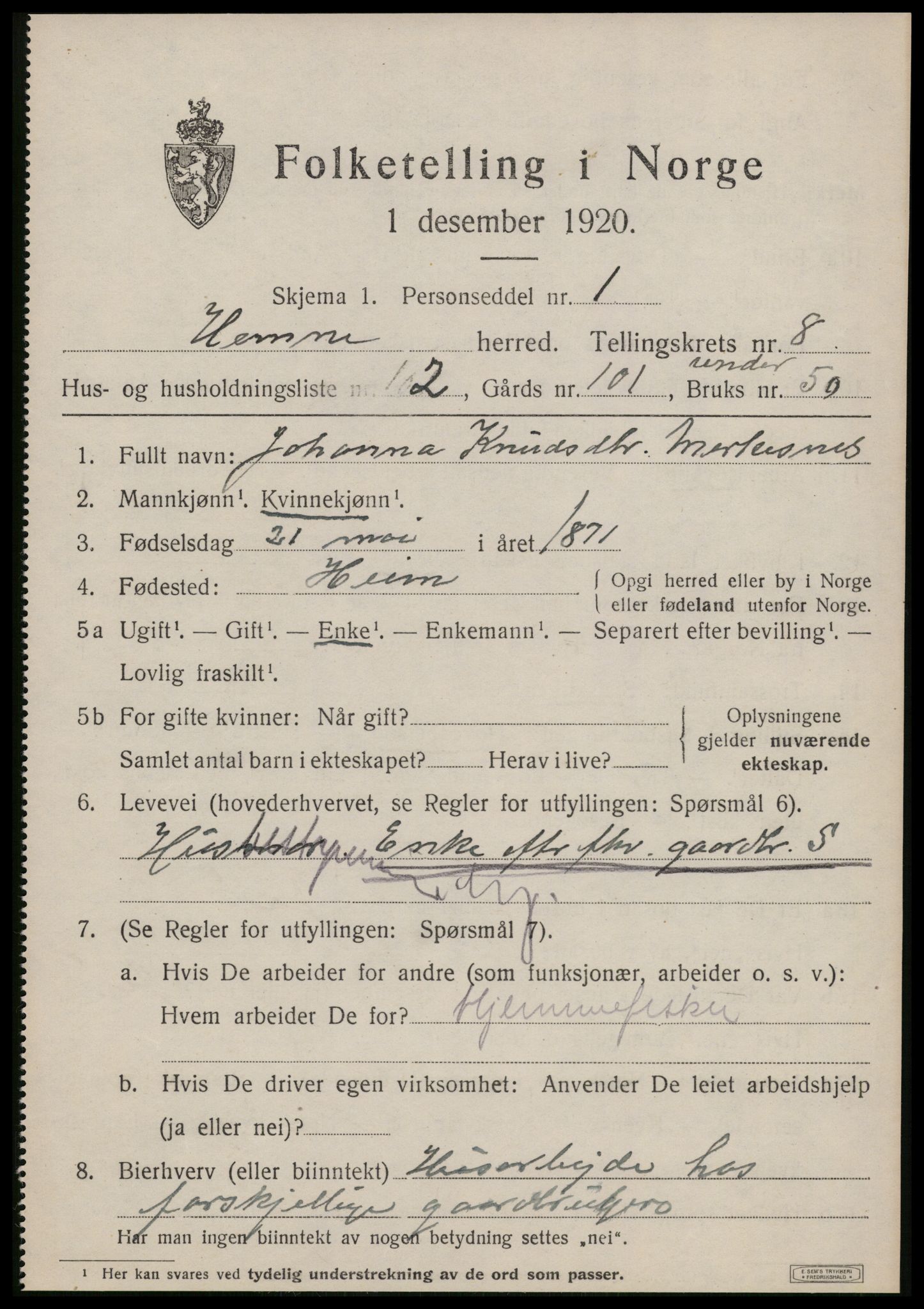 SAT, 1920 census for Hemne, 1920, p. 4684