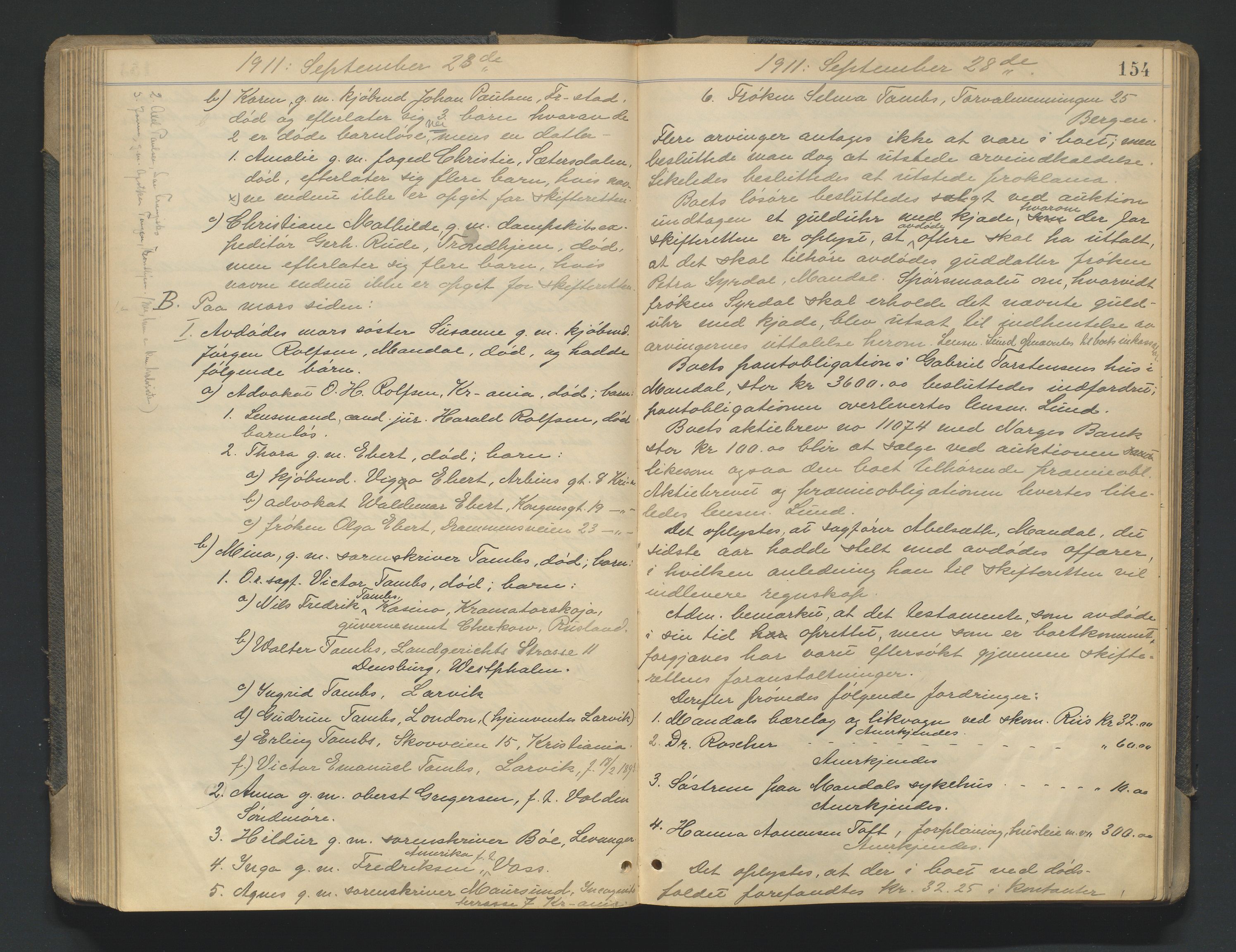 Mandal sorenskriveri, AV/SAK-1221-0005/001/H/Hc/L0081: Skifteforhandlingsprotokoll nr 13, 1909-1913, p. 154