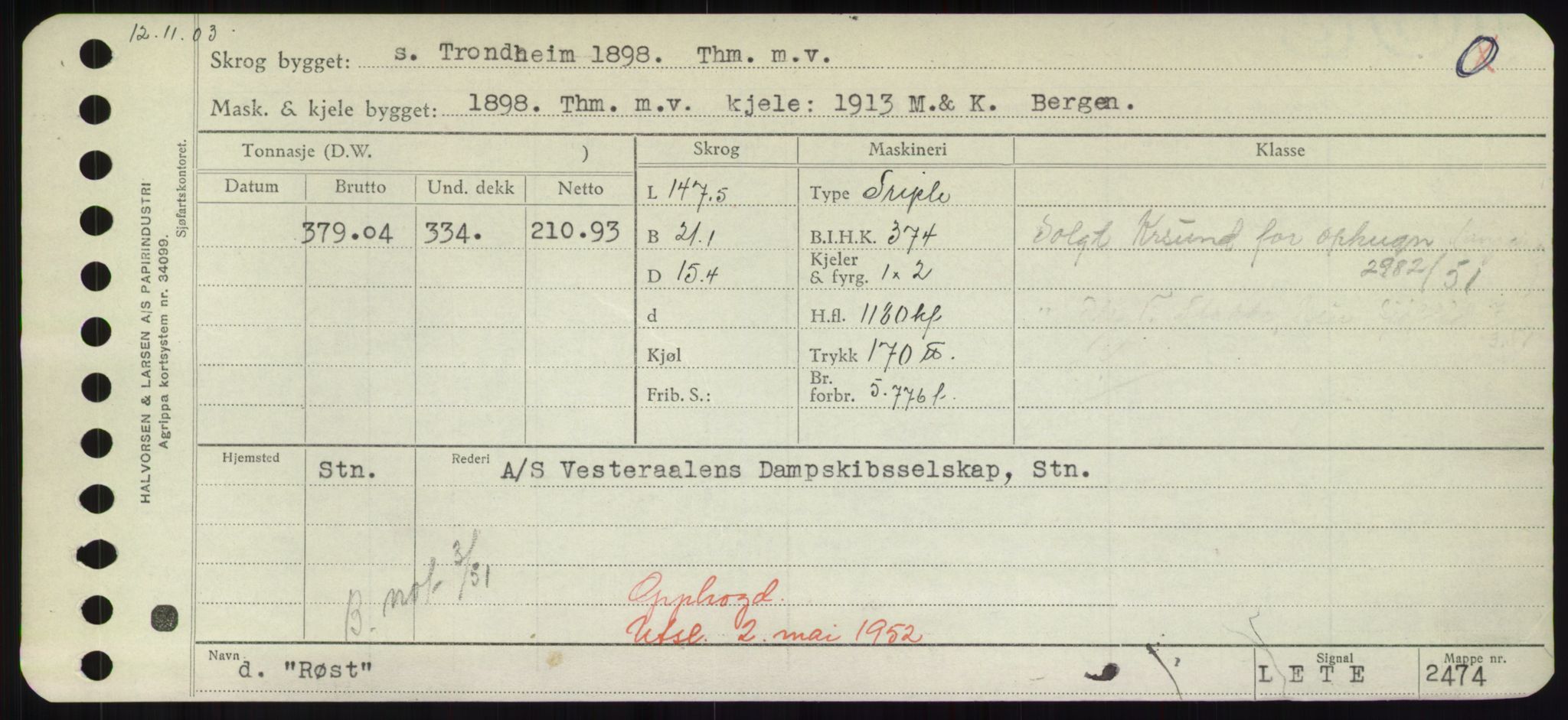 Sjøfartsdirektoratet med forløpere, Skipsmålingen, RA/S-1627/H/Hd/L0031: Fartøy, Rju-Sam, p. 465