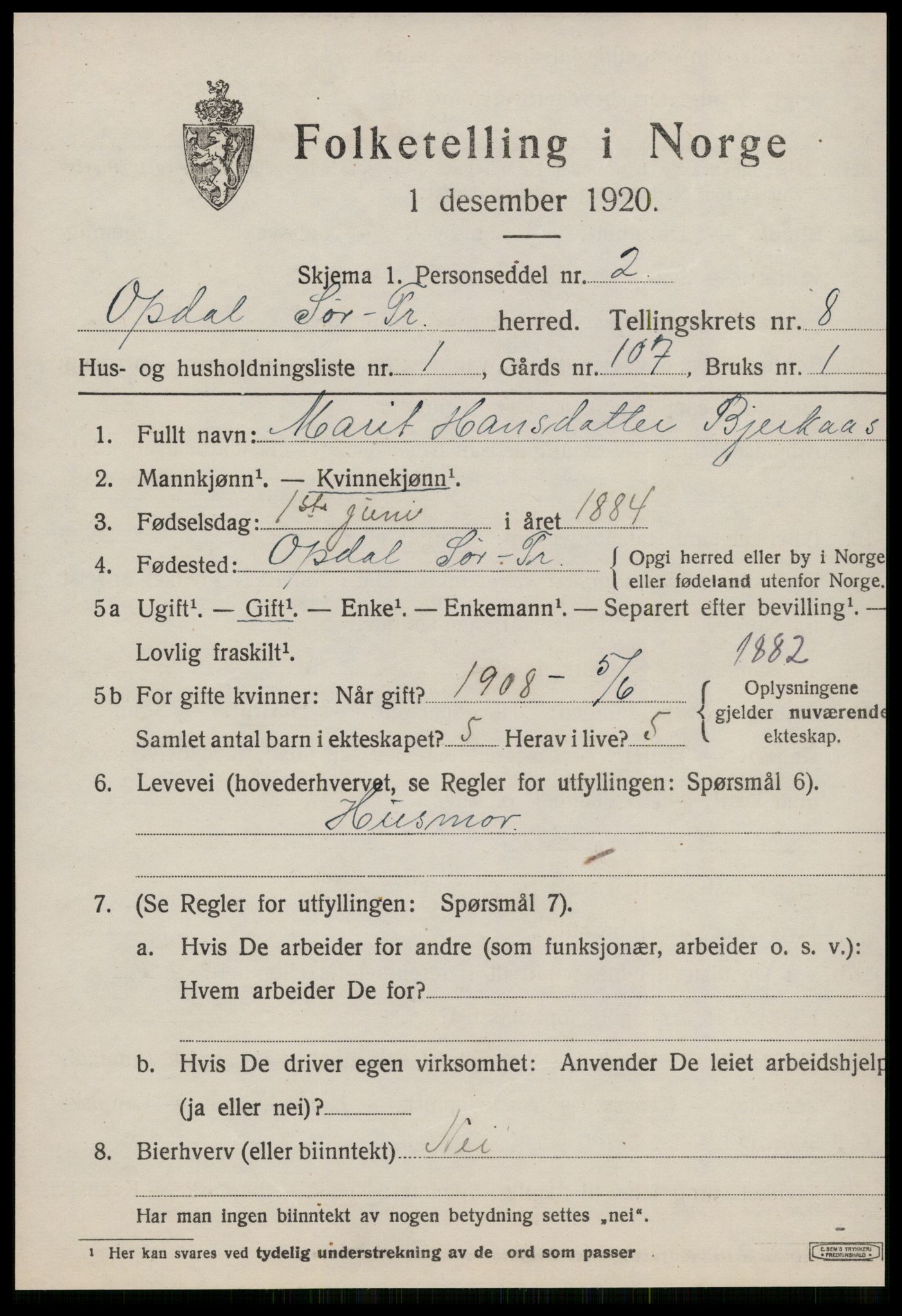 SAT, 1920 census for Oppdal, 1920, p. 6805