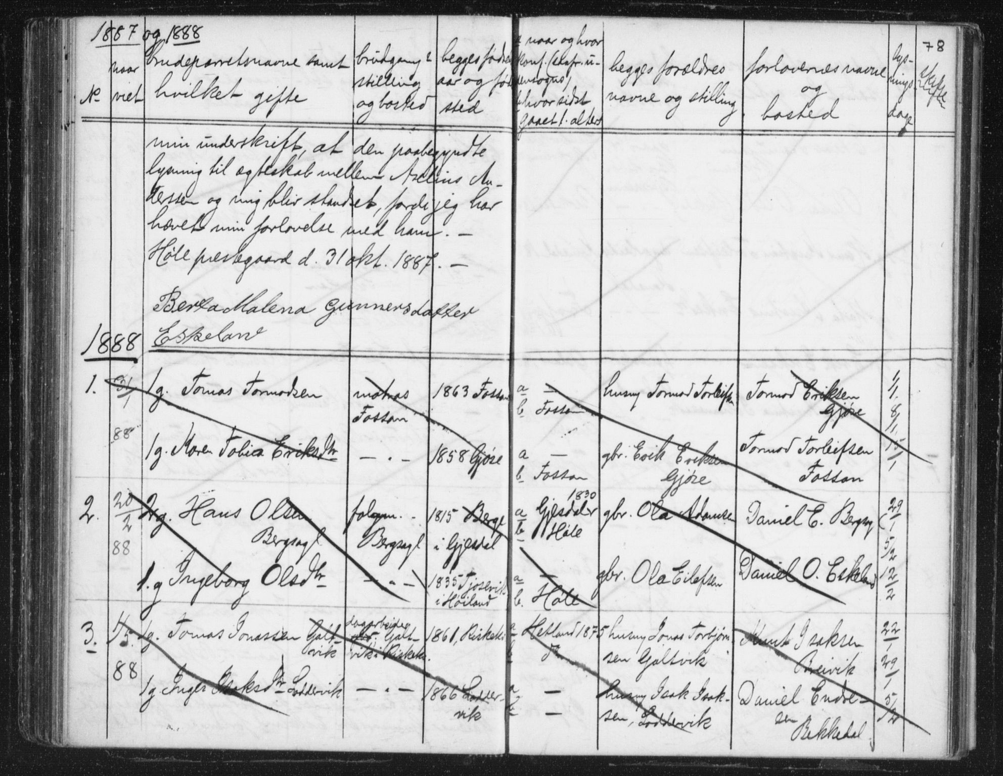 Høgsfjord sokneprestkontor, AV/SAST-A-101624/I/Ie/L0001: Banns register no. 705.BA.1, 1871-1899, p. 78