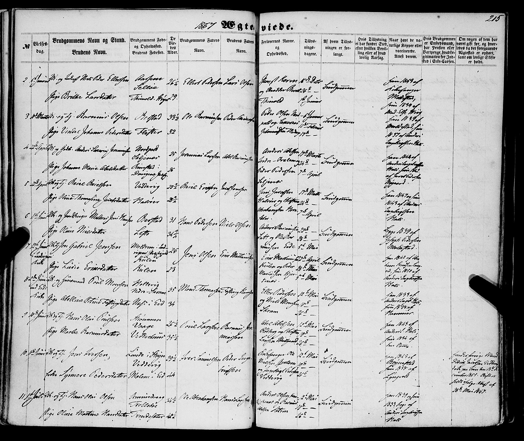 Selje sokneprestembete, SAB/A-99938/H/Ha/Haa/Haaa: Parish register (official) no. A 11, 1858-1870, p. 215