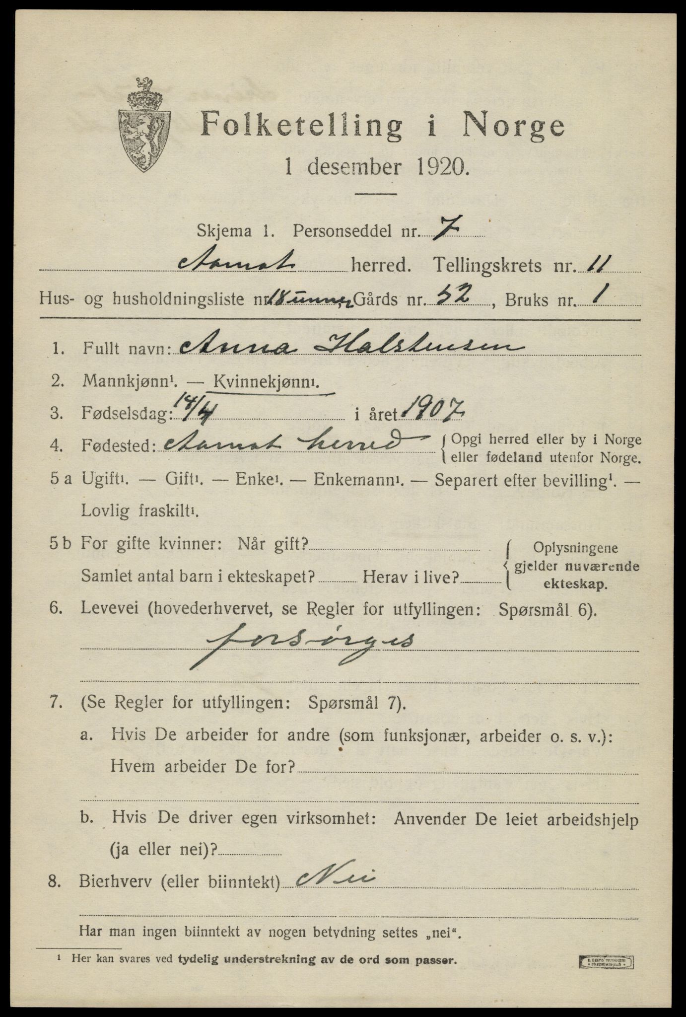 SAH, 1920 census for Åmot, 1920, p. 9601