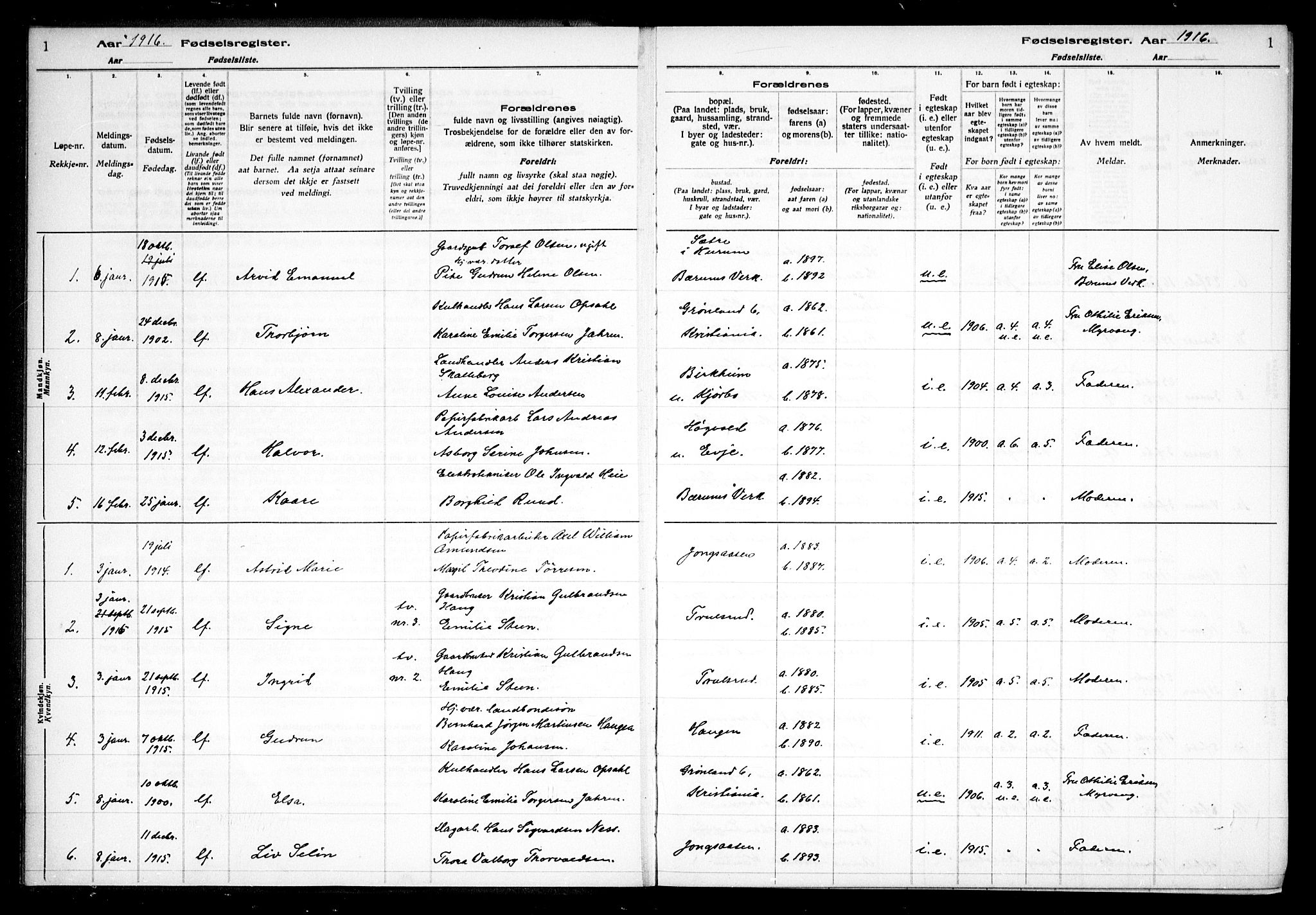 Vestre Bærum prestekontor Kirkebøker, SAO/A-10209a/J/L0001: Birth register no. 1, 1916-1926, p. 1