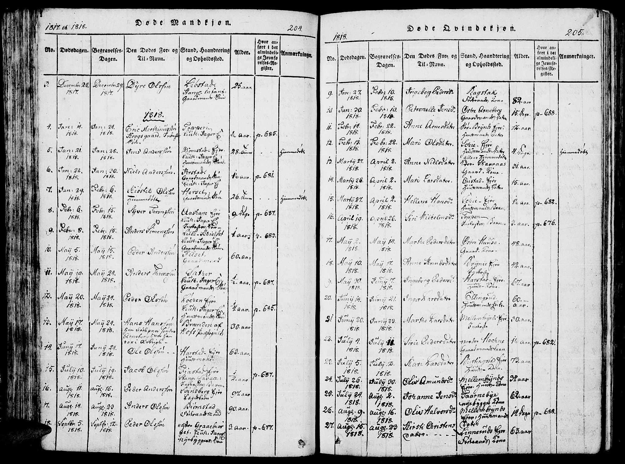 Romedal prestekontor, AV/SAH-PREST-004/K/L0002: Parish register (official) no. 2, 1814-1828, p. 204-205