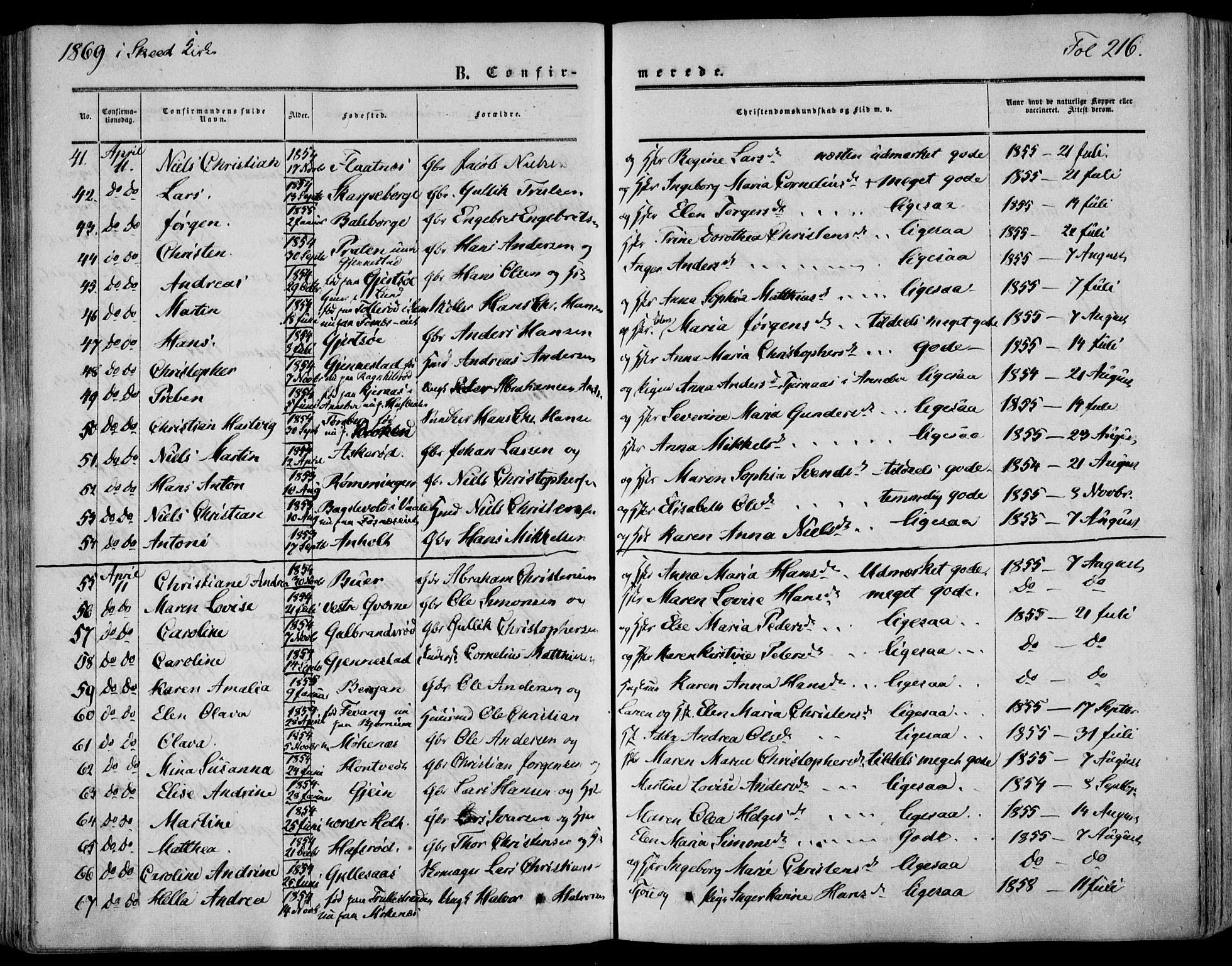 Stokke kirkebøker, AV/SAKO-A-320/F/Fa/L0008: Parish register (official) no. I 8, 1858-1871, p. 216