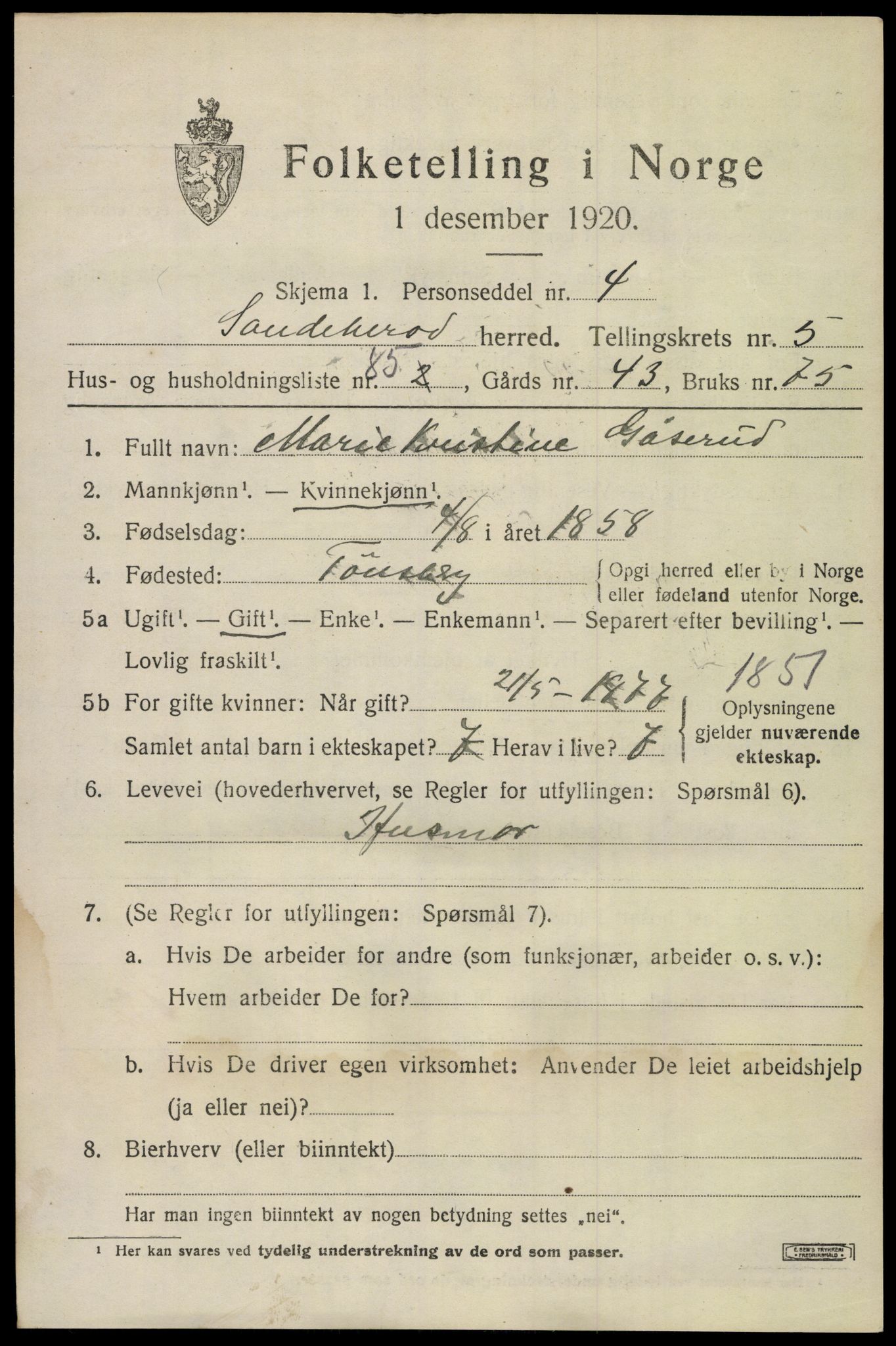 SAKO, 1920 census for Sandeherred, 1920, p. 9212