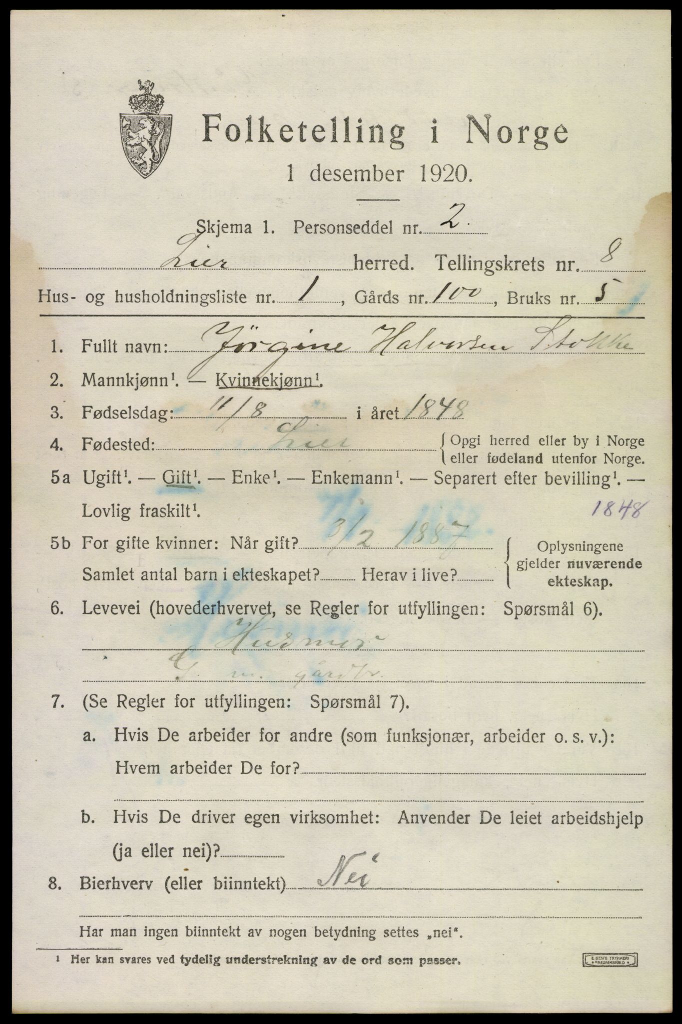 SAKO, 1920 census for Lier, 1920, p. 13704