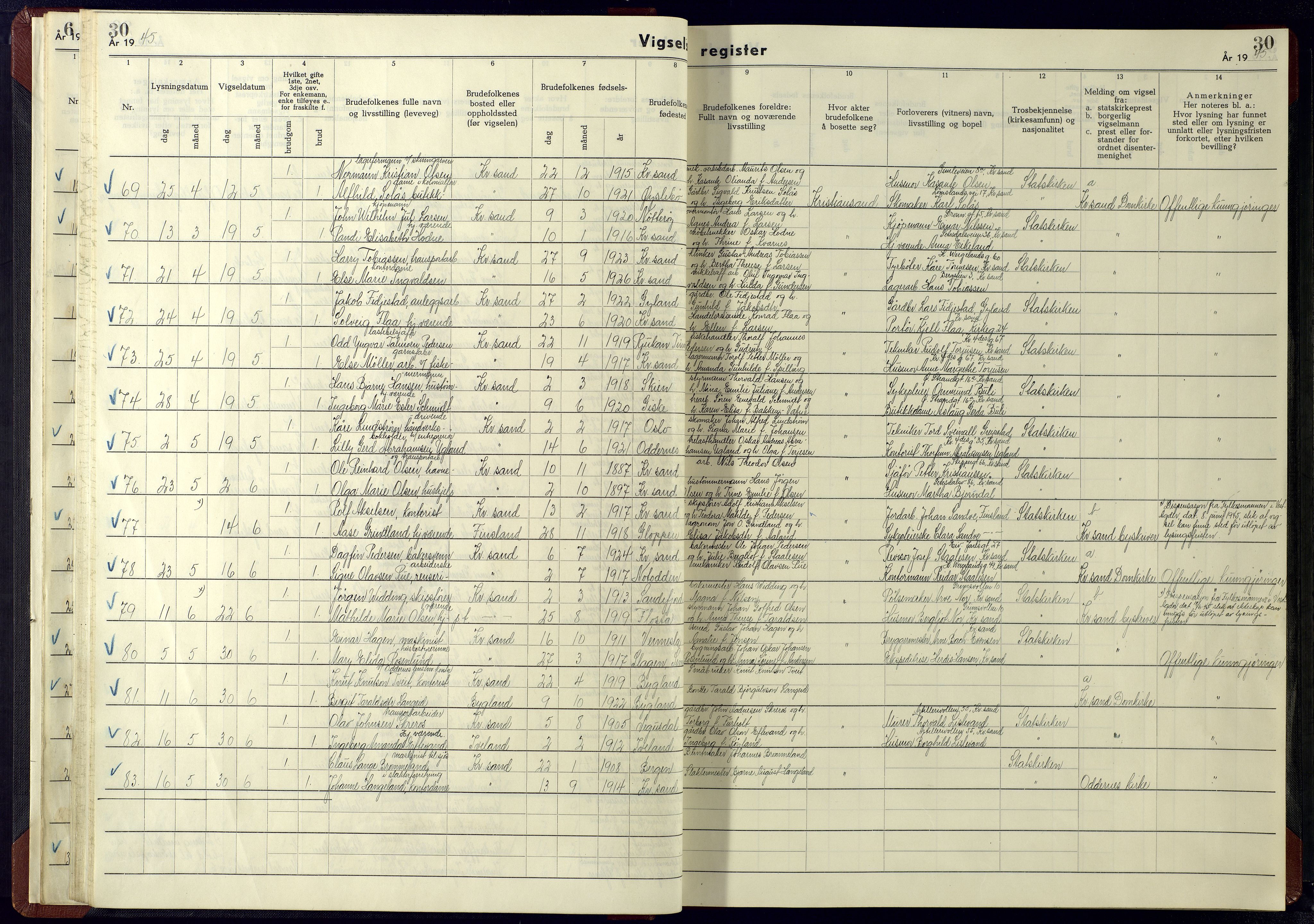 Kristiansand domprosti, AV/SAK-1112-0006/J/Ja/L0003: Marriage register no. A-VI-15, 1942-1945, p. 30