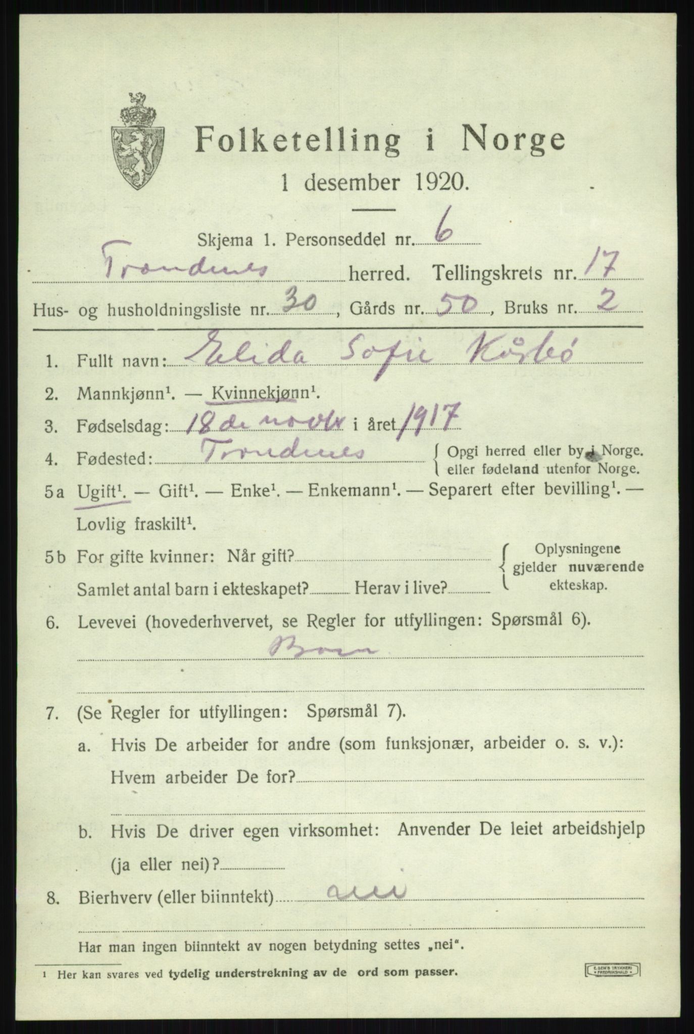 SATØ, 1920 census for Trondenes, 1920, p. 12203