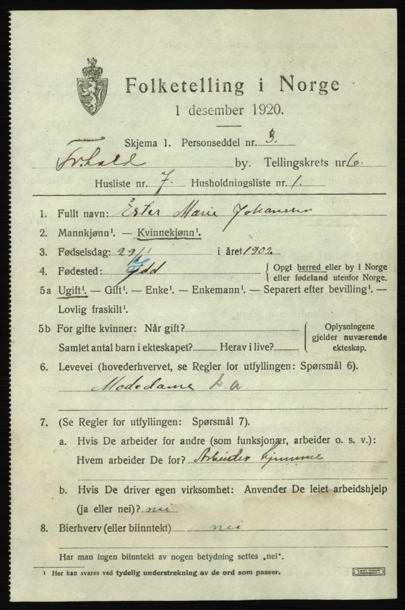 SAO, 1920 census for Fredrikshald, 1920, p. 12934