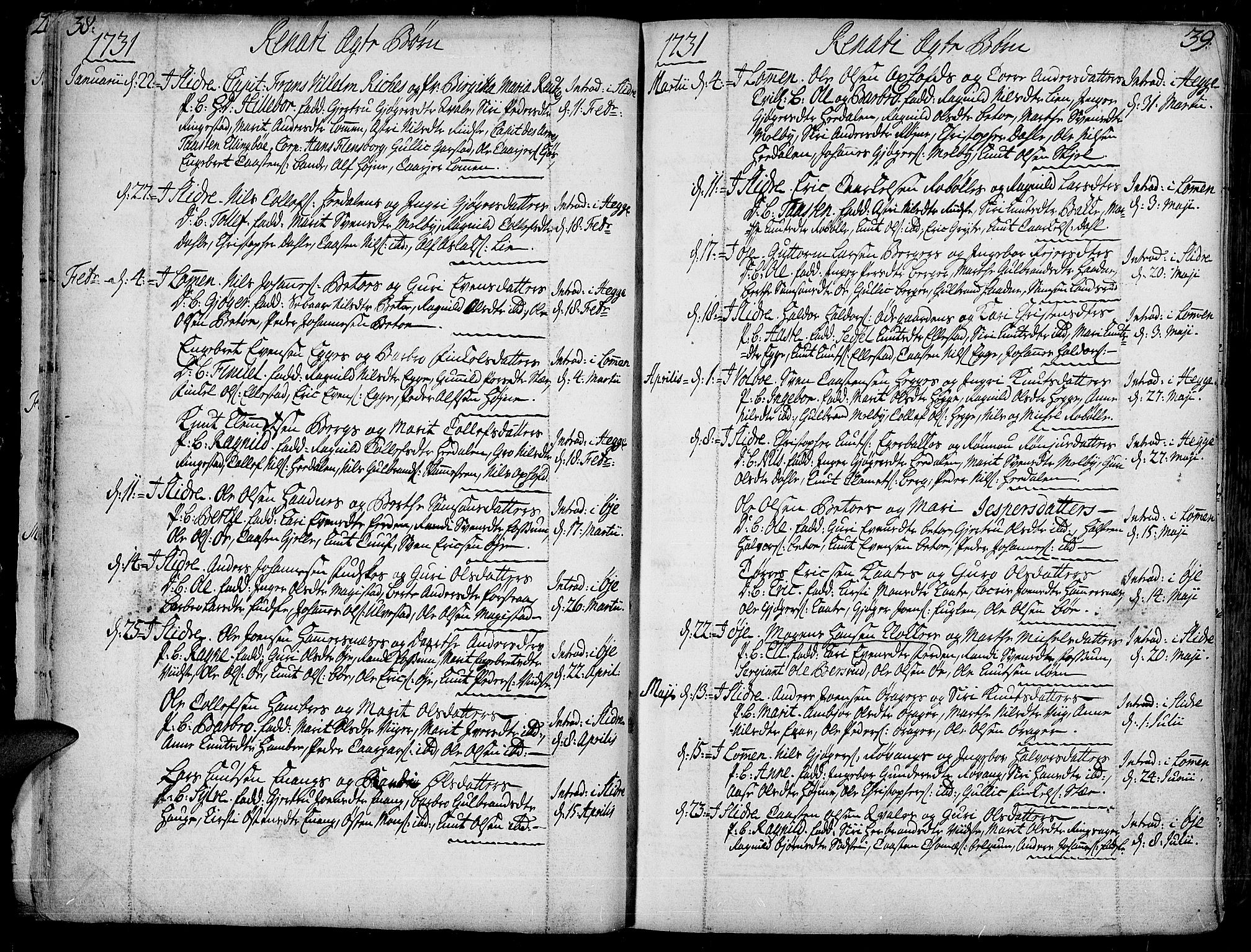 Slidre prestekontor, SAH/PREST-134/H/Ha/Haa/L0001: Parish register (official) no. 1, 1724-1814, p. 38-39