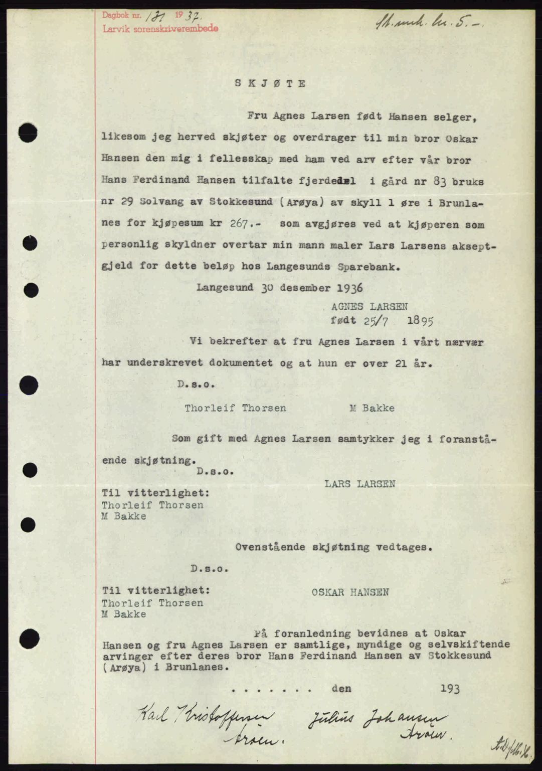 Larvik sorenskriveri, SAKO/A-83/G/Ga/Gab/L0067: Mortgage book no. A-1, 1936-1937, Diary no: : 131/1937