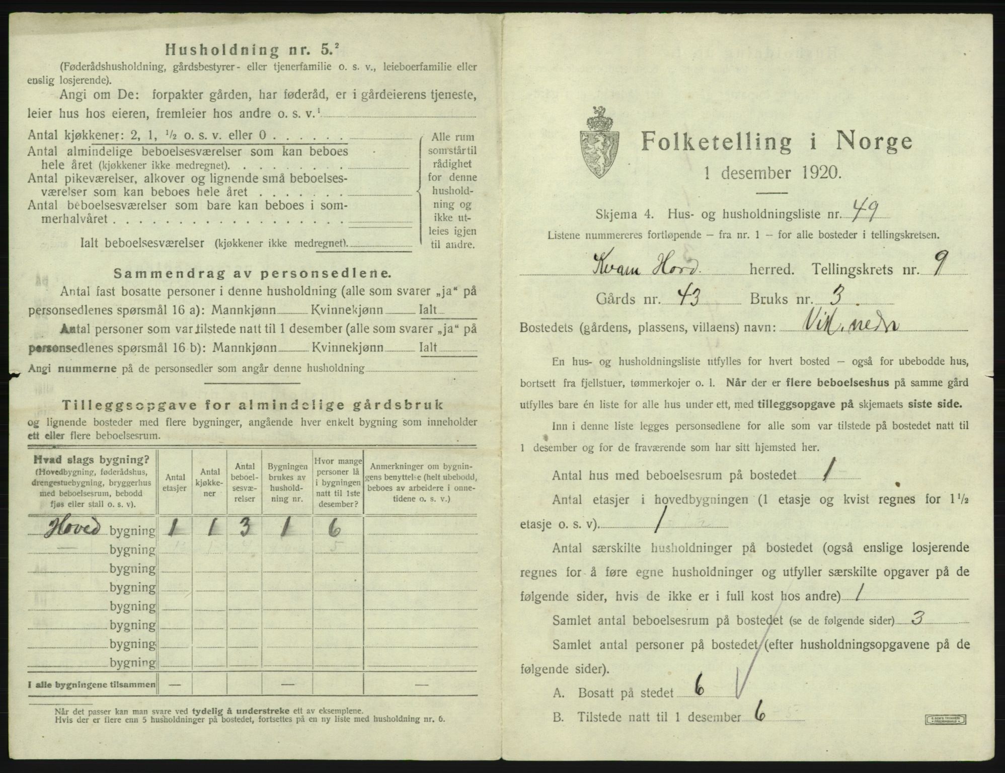 SAB, 1920 census for Kvam, 1920, p. 834