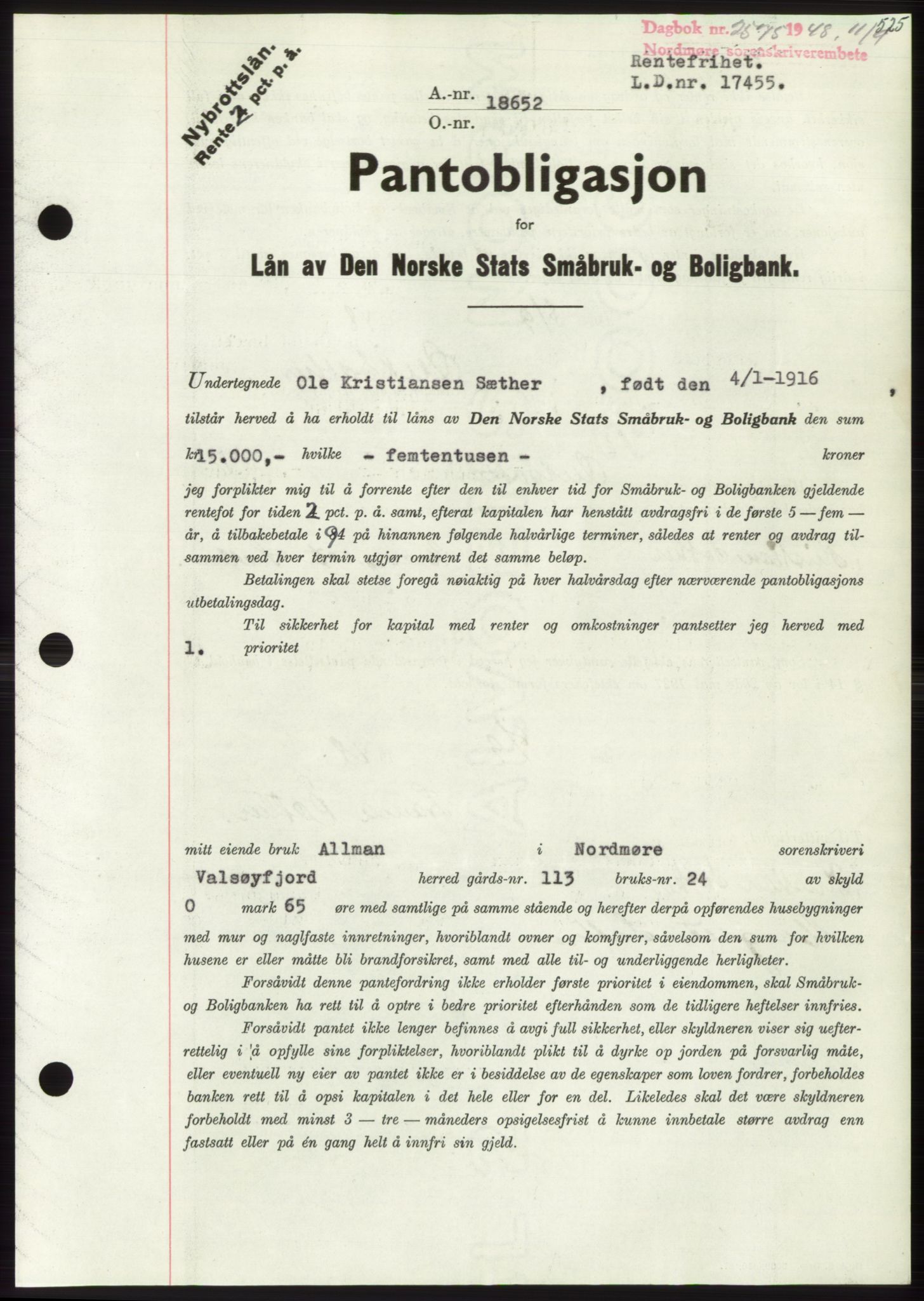 Nordmøre sorenskriveri, AV/SAT-A-4132/1/2/2Ca: Mortgage book no. B99, 1948-1948, Diary no: : 2575/1948