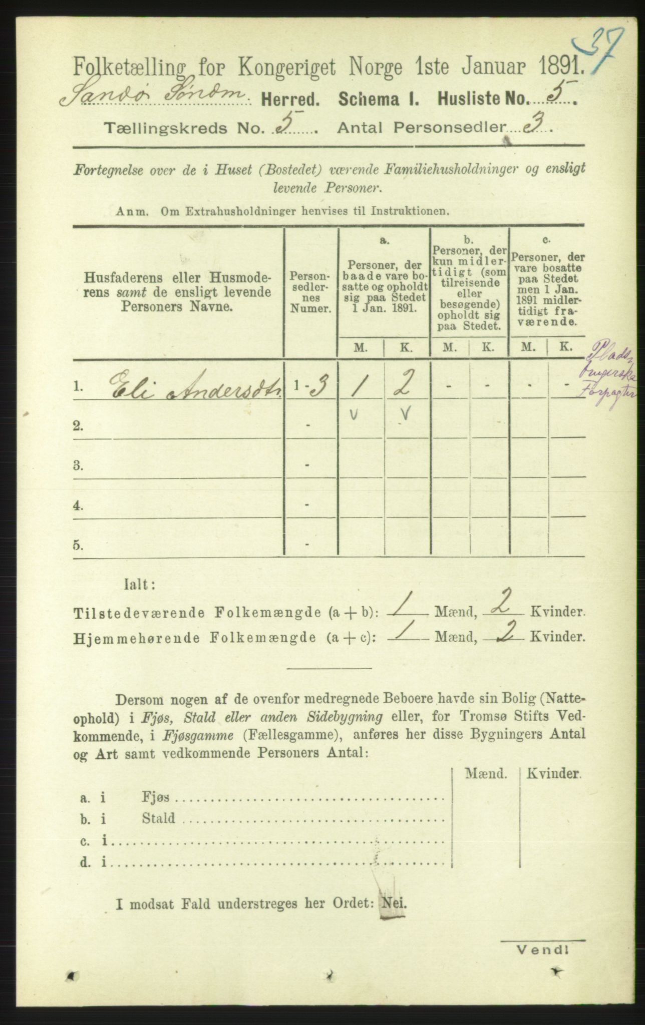 RA, 1891 census for 1514 Sande, 1891, p. 653