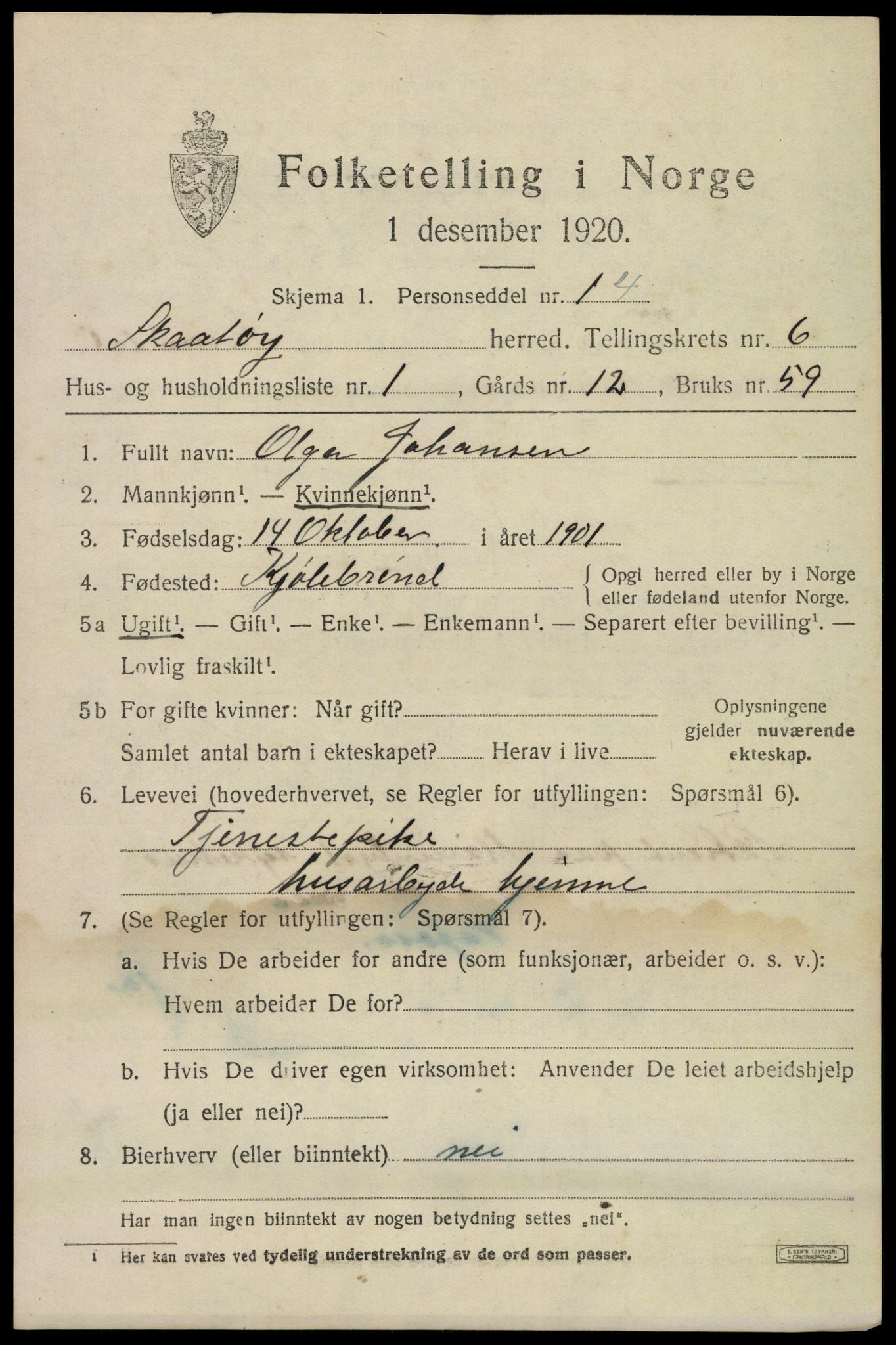 SAKO, 1920 census for Skåtøy, 1920, p. 4722