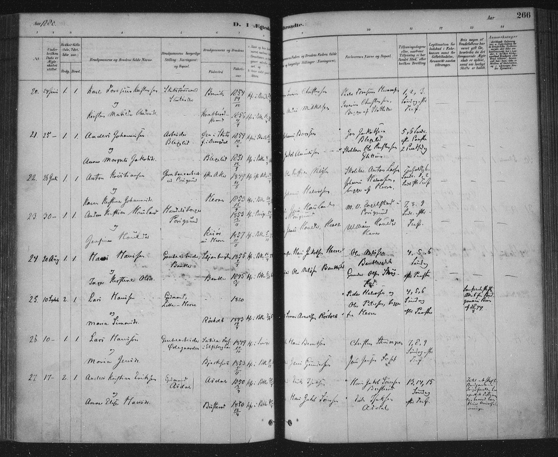 Bamble kirkebøker, AV/SAKO-A-253/F/Fa/L0007: Parish register (official) no. I 7, 1878-1888, p. 266