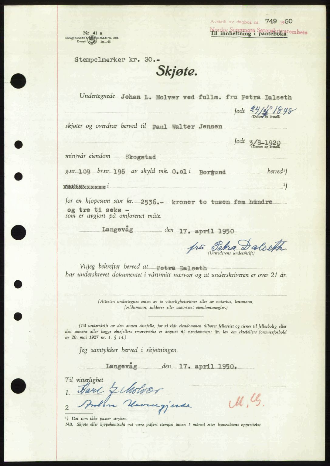 Nordre Sunnmøre sorenskriveri, AV/SAT-A-0006/1/2/2C/2Ca: Mortgage book no. A34, 1950-1950, Diary no: : 749/1950