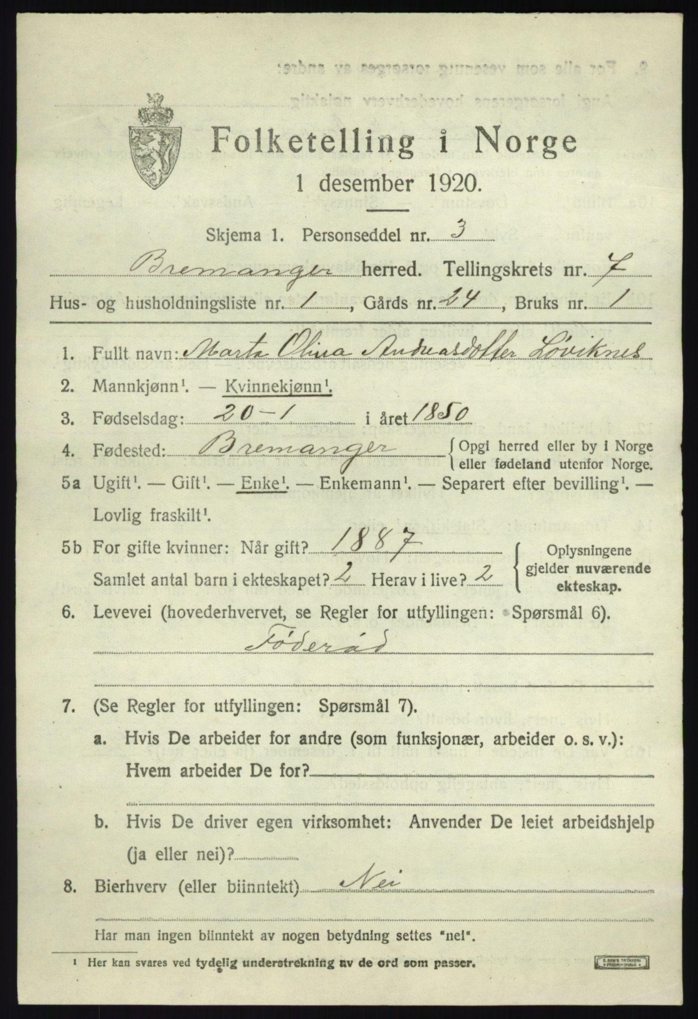 SAB, 1920 census for Bremanger, 1920, p. 4406