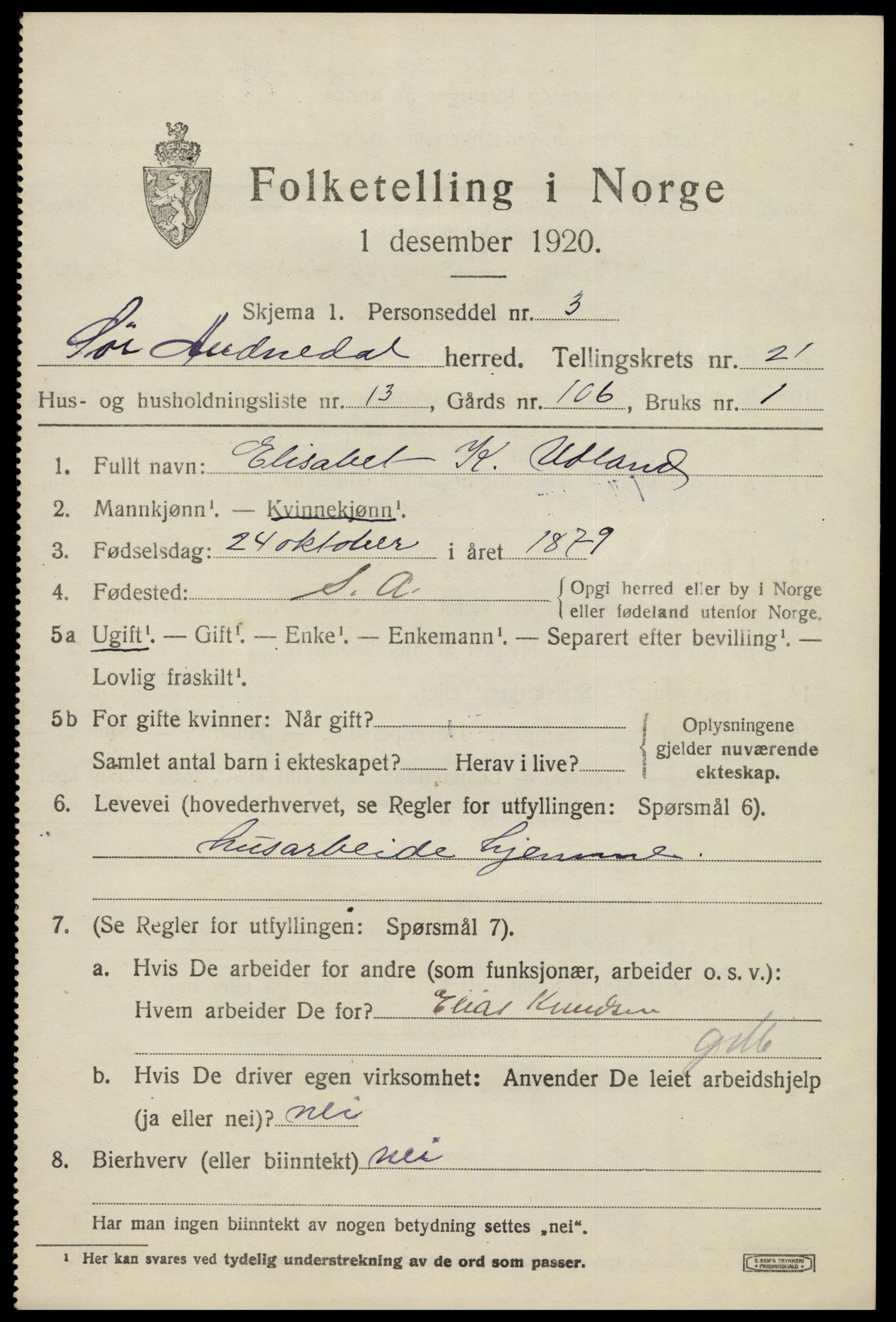 SAK, 1920 census for Sør-Audnedal, 1920, p. 7007