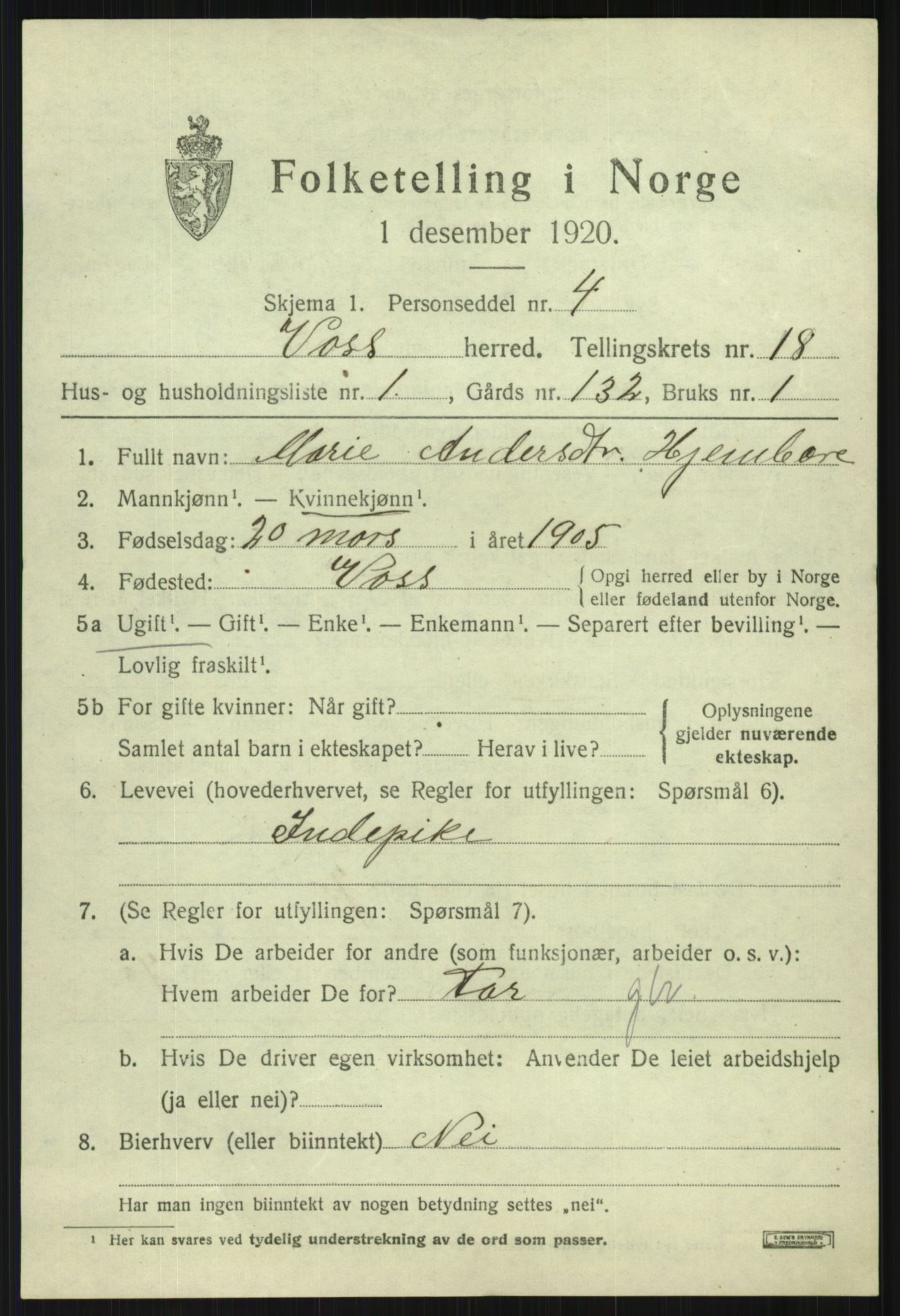 SAB, 1920 census for Voss, 1920, p. 13925