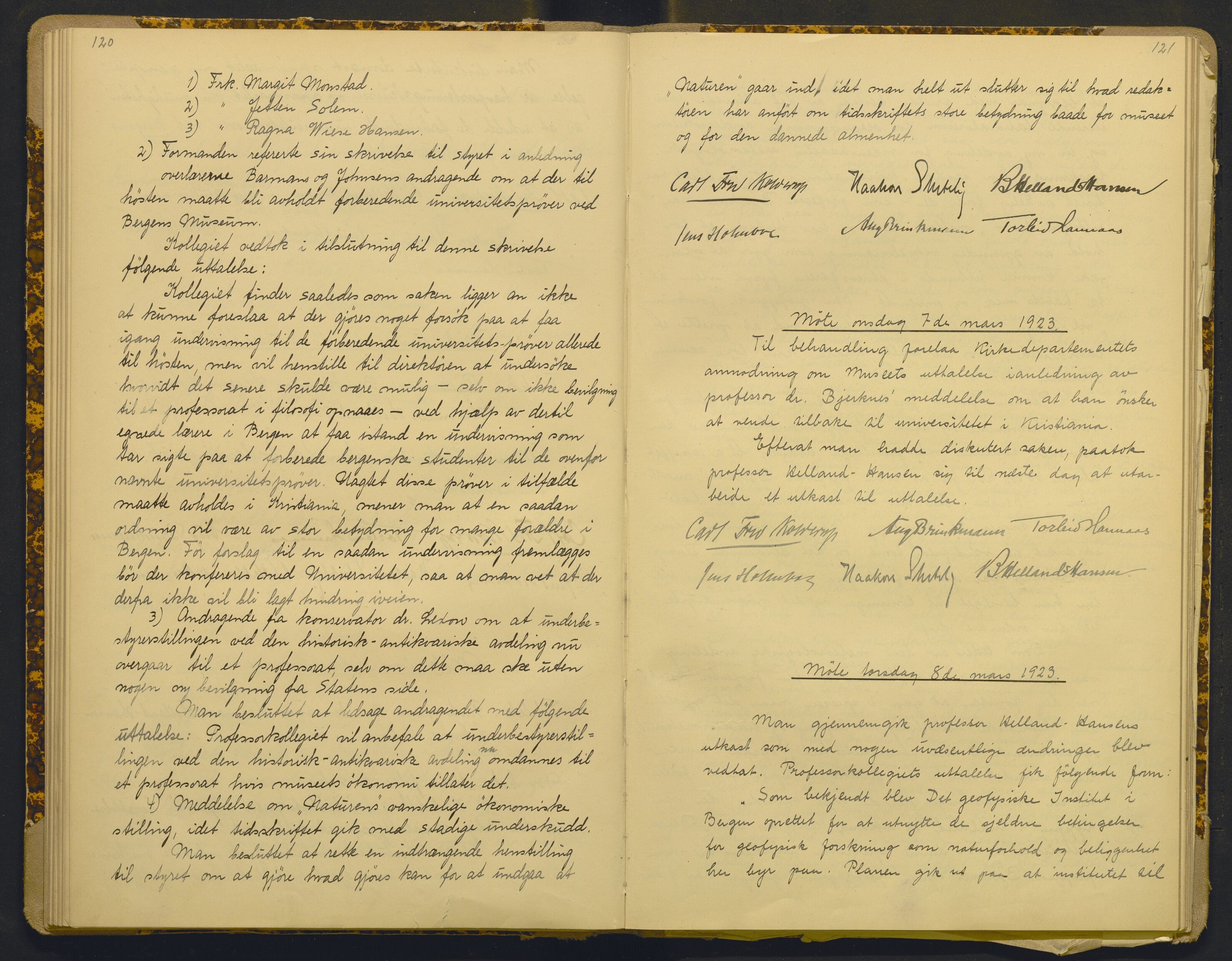 Bergens Museum, AV/SAB-A-17301/18/A/L0001: Bestyrerkollegiets forhandlingsprotokoll med register , 1907-1927, p. 120-121