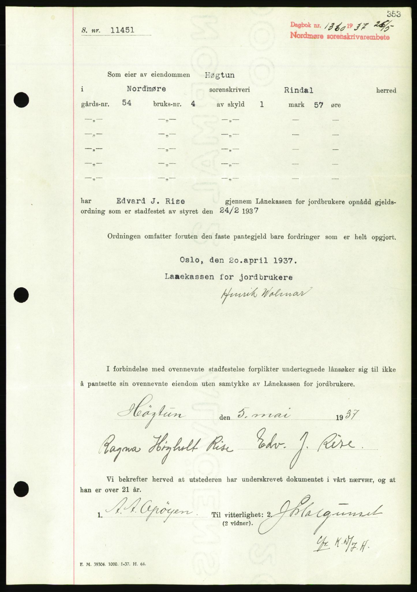 Nordmøre sorenskriveri, AV/SAT-A-4132/1/2/2Ca/L0091: Mortgage book no. B81, 1937-1937, Diary no: : 1360/1937