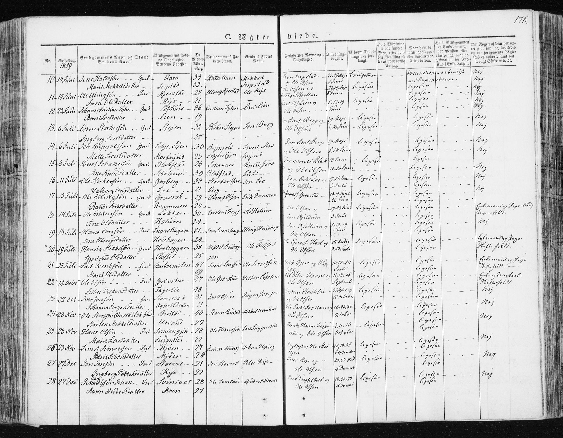 Ministerialprotokoller, klokkerbøker og fødselsregistre - Sør-Trøndelag, SAT/A-1456/672/L0855: Parish register (official) no. 672A07, 1829-1860, p. 176