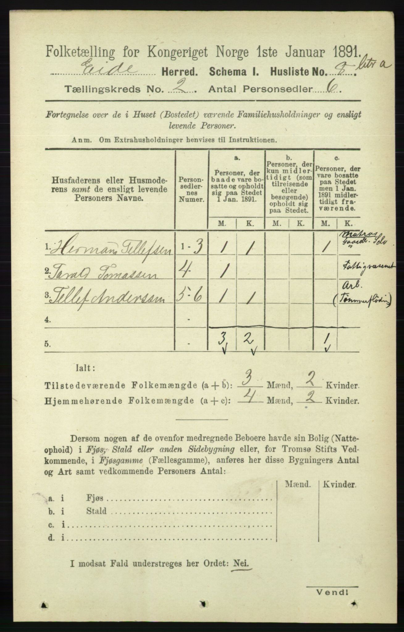 RA, 1891 census for 0925 Eide, 1891, p. 289