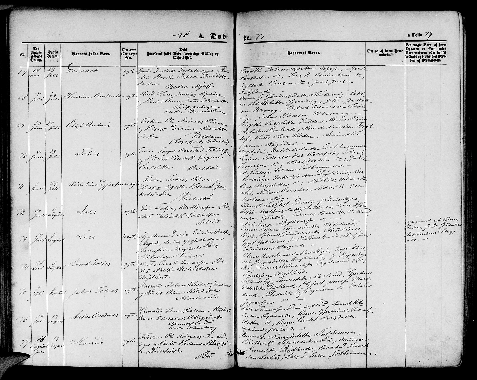 Sokndal sokneprestkontor, AV/SAST-A-101808: Parish register (copy) no. B 3, 1865-1879, p. 79