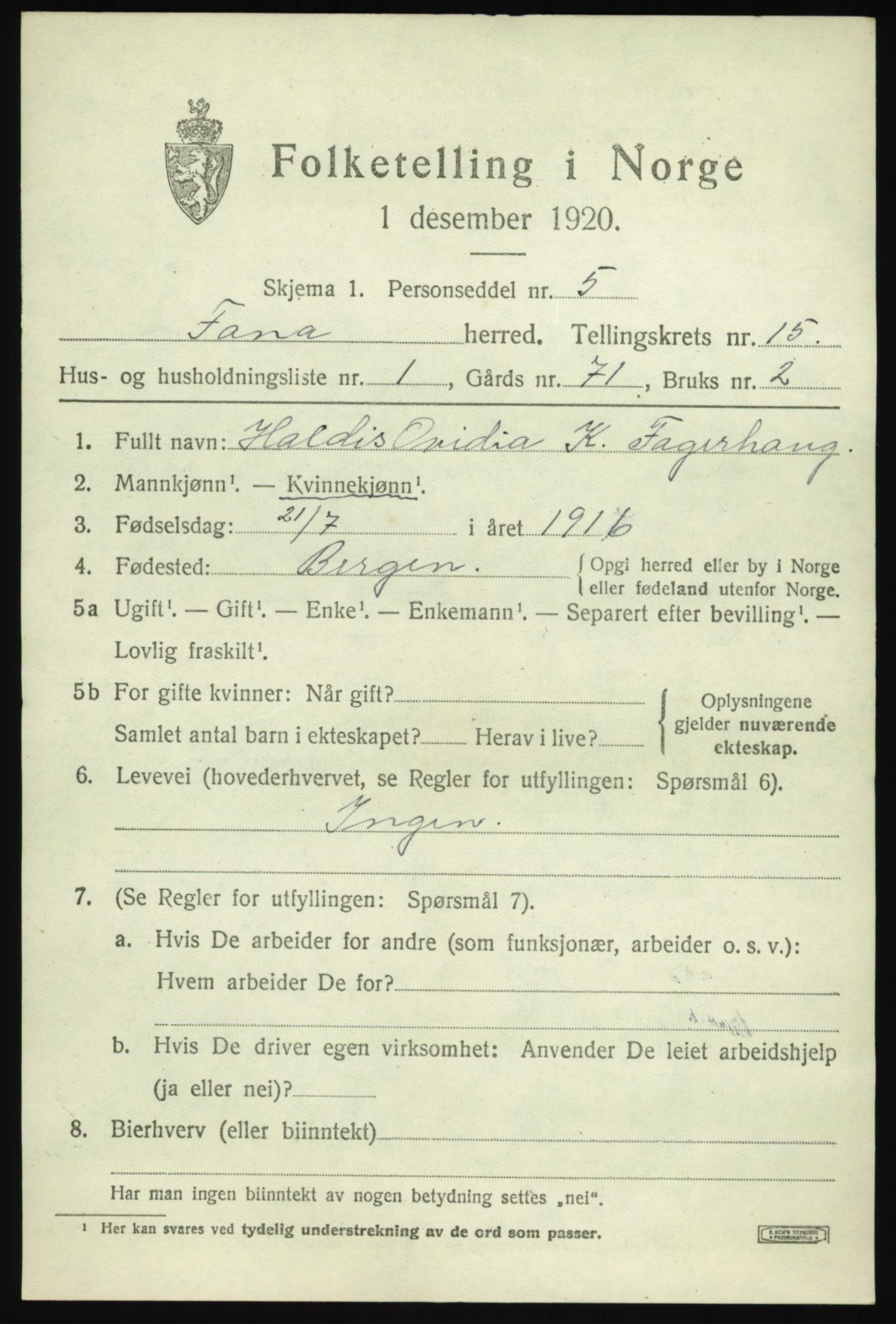 SAB, 1920 census for Fana, 1920, p. 20999