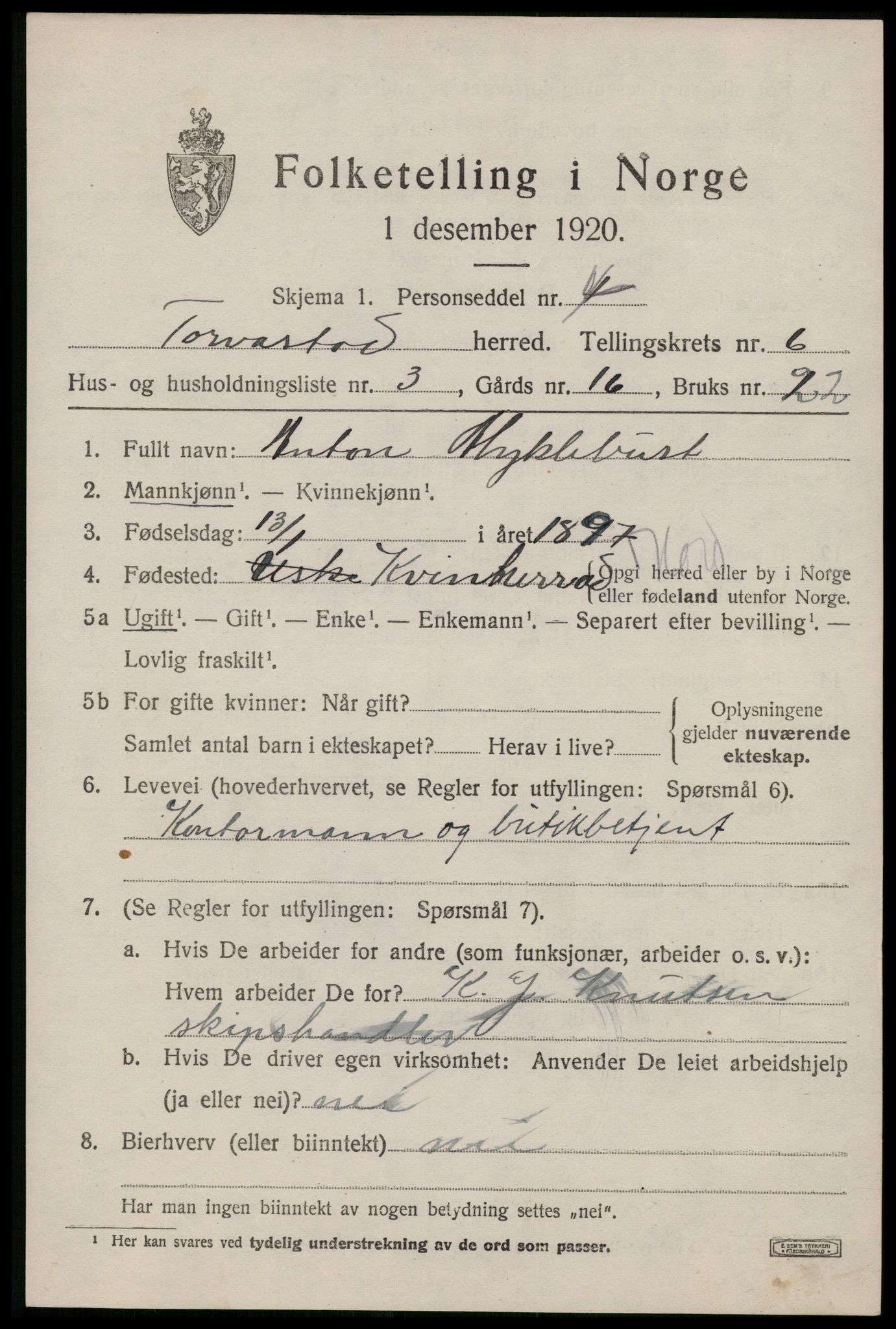 SAST, 1920 census for Torvastad, 1920, p. 4944