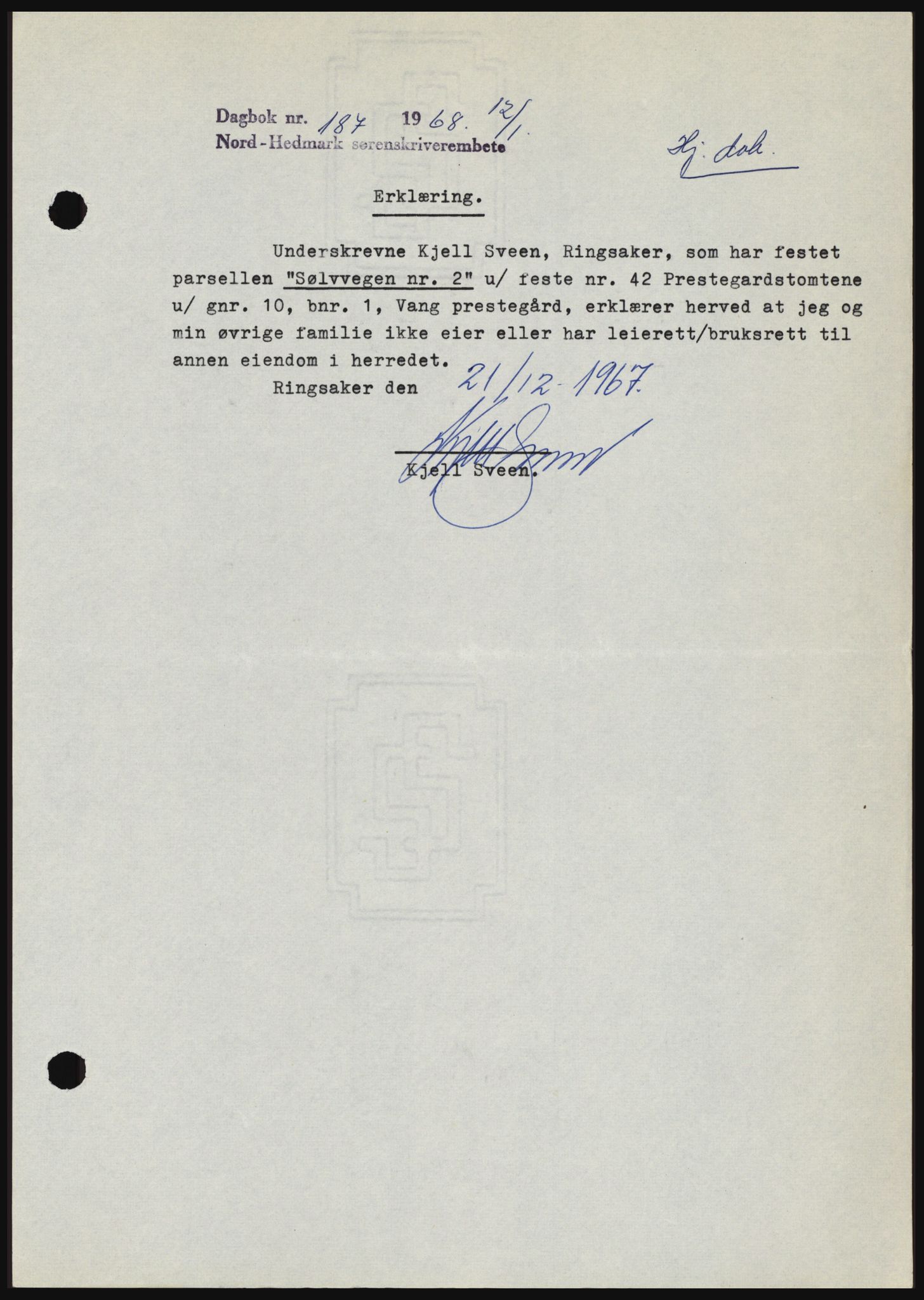 Nord-Hedmark sorenskriveri, SAH/TING-012/H/Hc/L0027: Mortgage book no. 27, 1967-1968, Diary no: : 187/1968