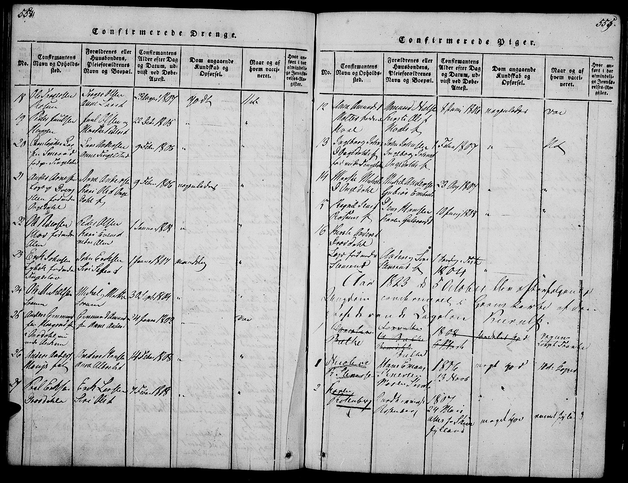 Gran prestekontor, AV/SAH-PREST-112/H/Ha/Hab/L0001: Parish register (copy) no. 1, 1815-1824, p. 554-555