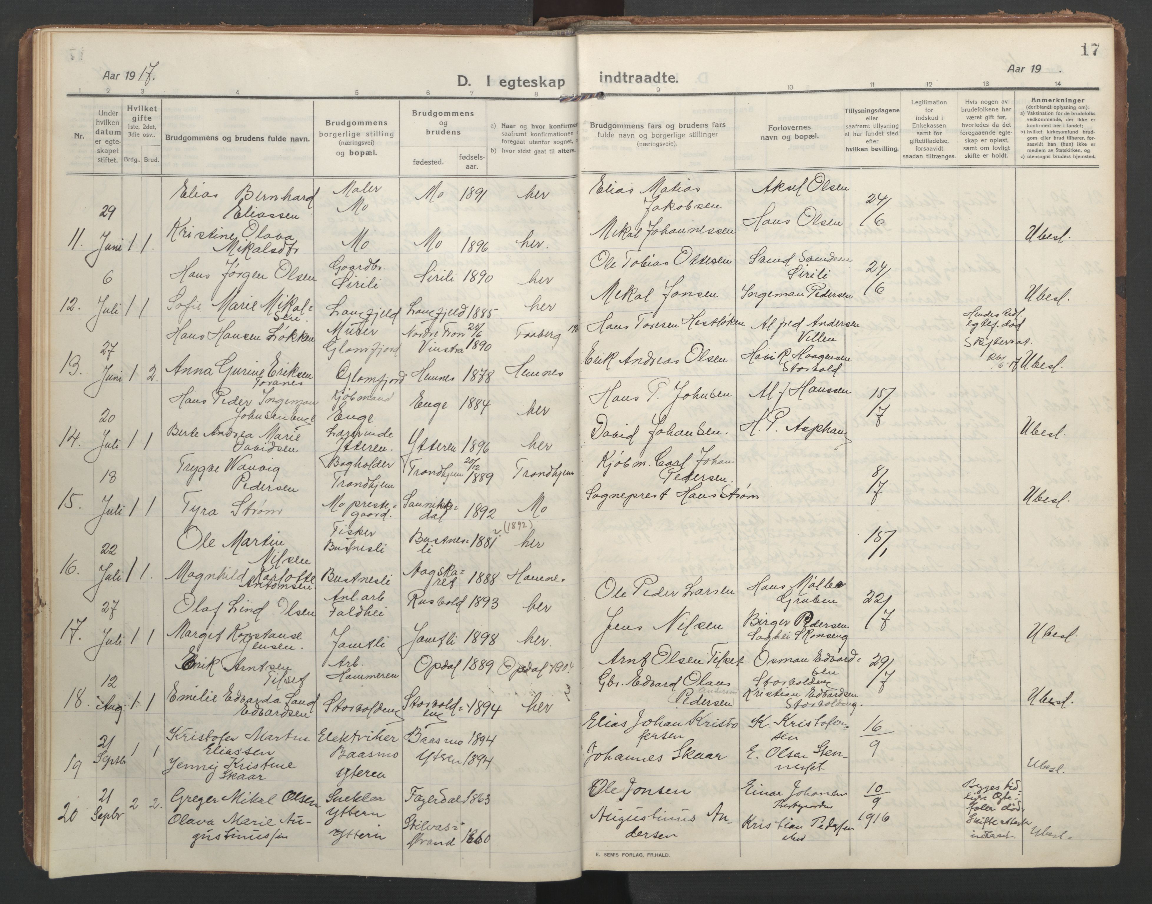 Ministerialprotokoller, klokkerbøker og fødselsregistre - Nordland, SAT/A-1459/827/L0405: Parish register (official) no. 827A17, 1912-1925, p. 17
