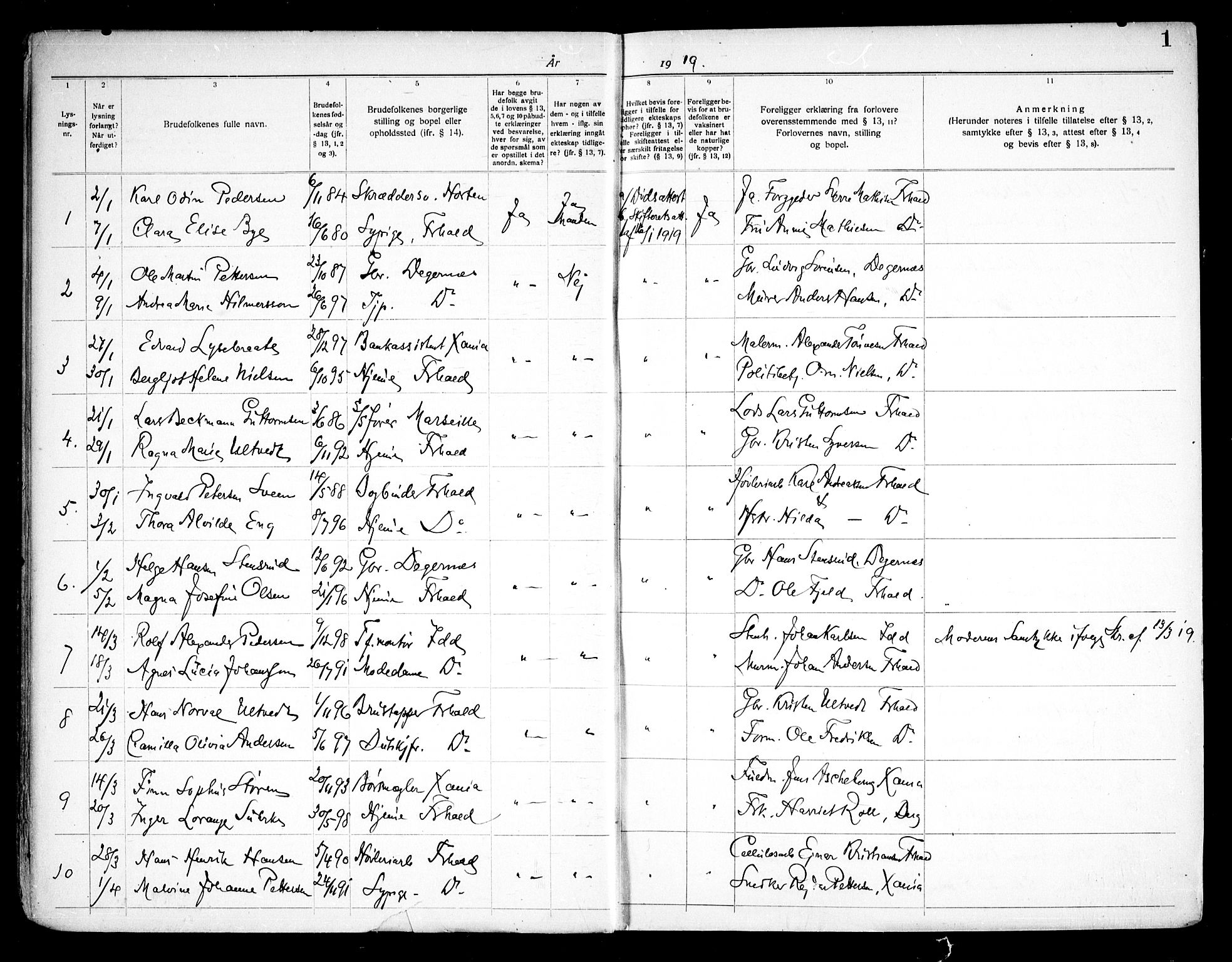 Halden prestekontor Kirkebøker, SAO/A-10909/H/Ha/L0001: Banns register no. I 1, 1919-1934, p. 1
