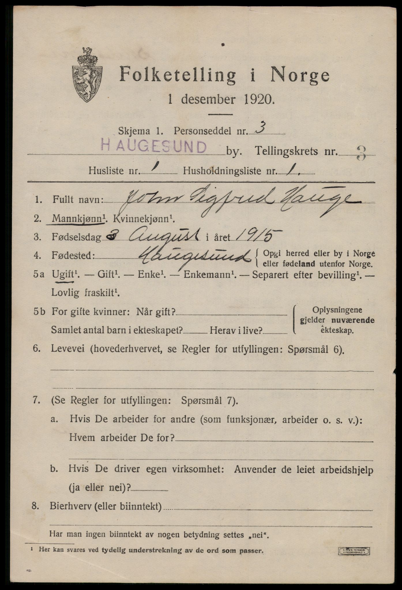 SAST, 1920 census for Haugesund, 1920, p. 14351