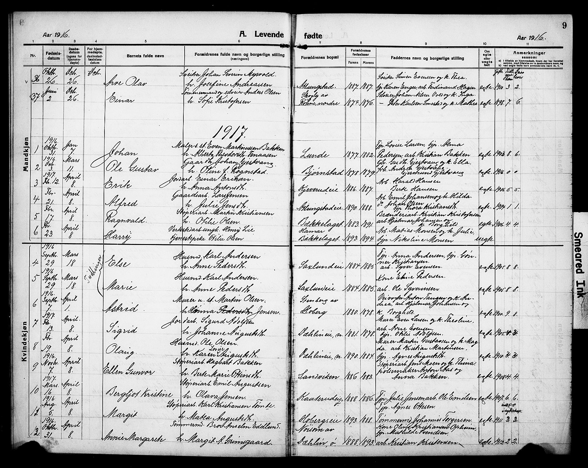 Stange prestekontor, AV/SAH-PREST-002/L/L0015: Parish register (copy) no. 15, 1916-1928, p. 9