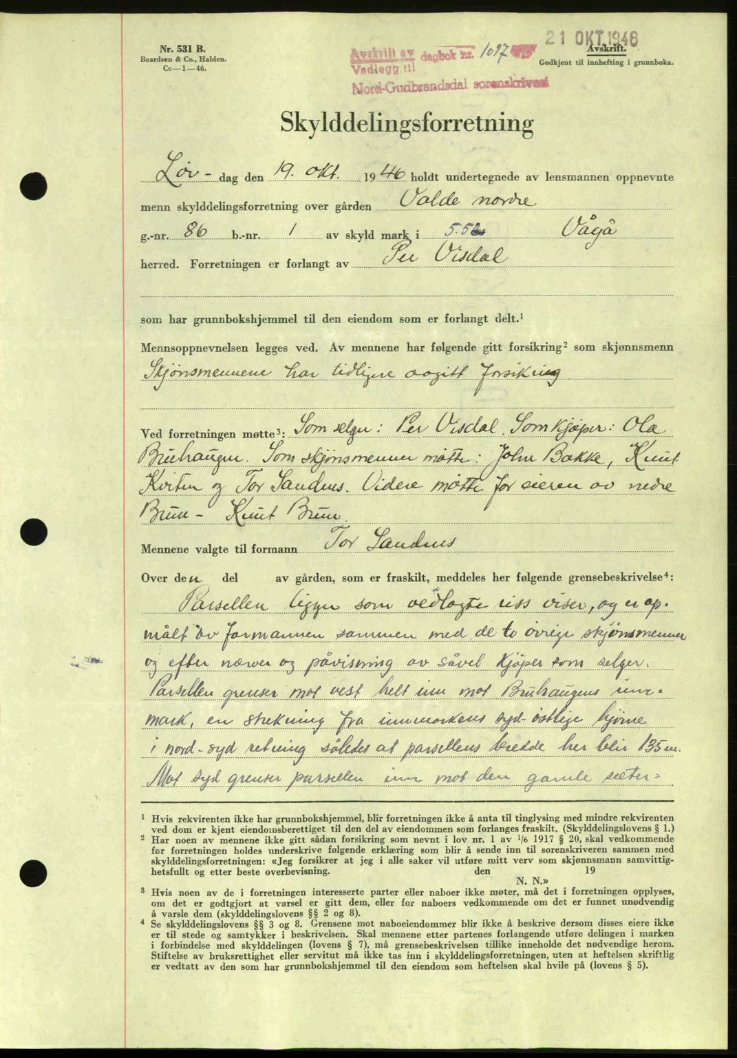 Nord-Gudbrandsdal tingrett, AV/SAH-TING-002/H/Hb/Hbb/L0015: Mortgage book no. FA15, 1946-1946, Diary no: : 1097/1946