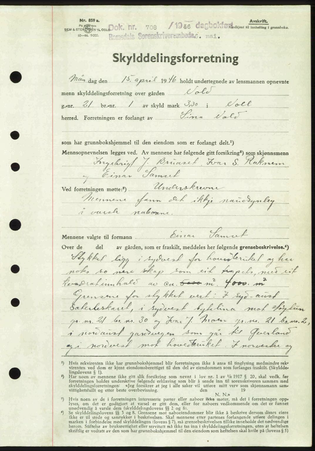Romsdal sorenskriveri, SAT/A-4149/1/2/2C: Mortgage book no. A19, 1946-1946, Diary no: : 708/1946